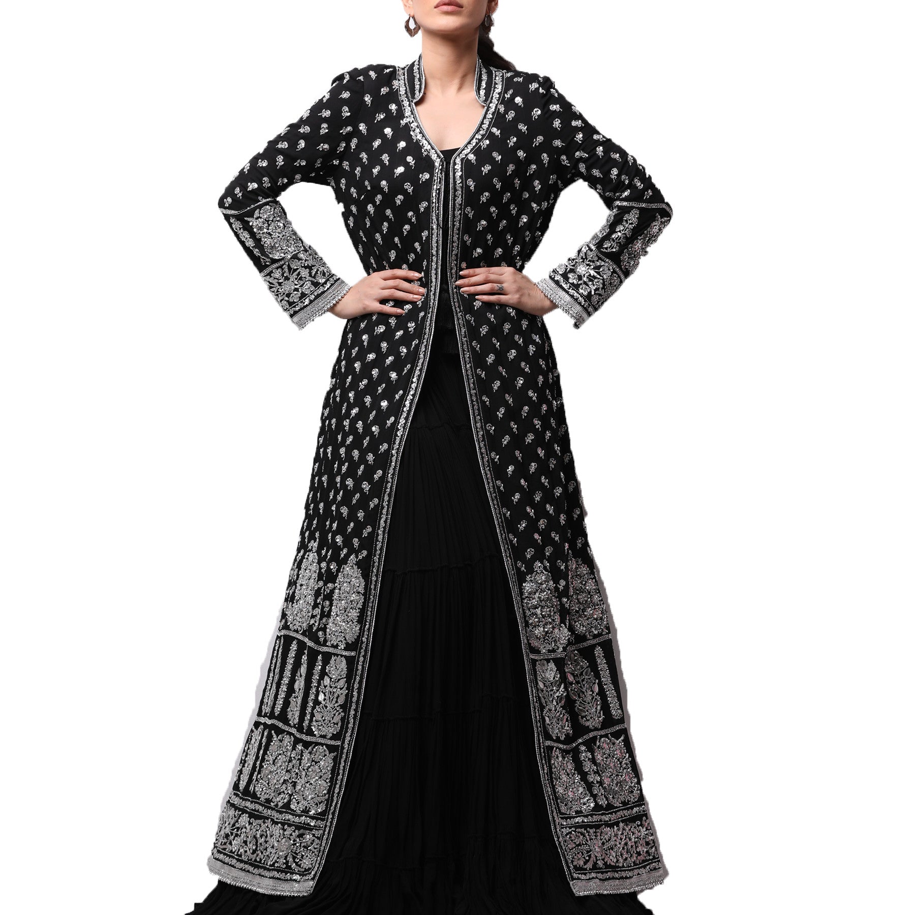 Black Cotton Georgette Long Coat - Rizwan Beyg Design