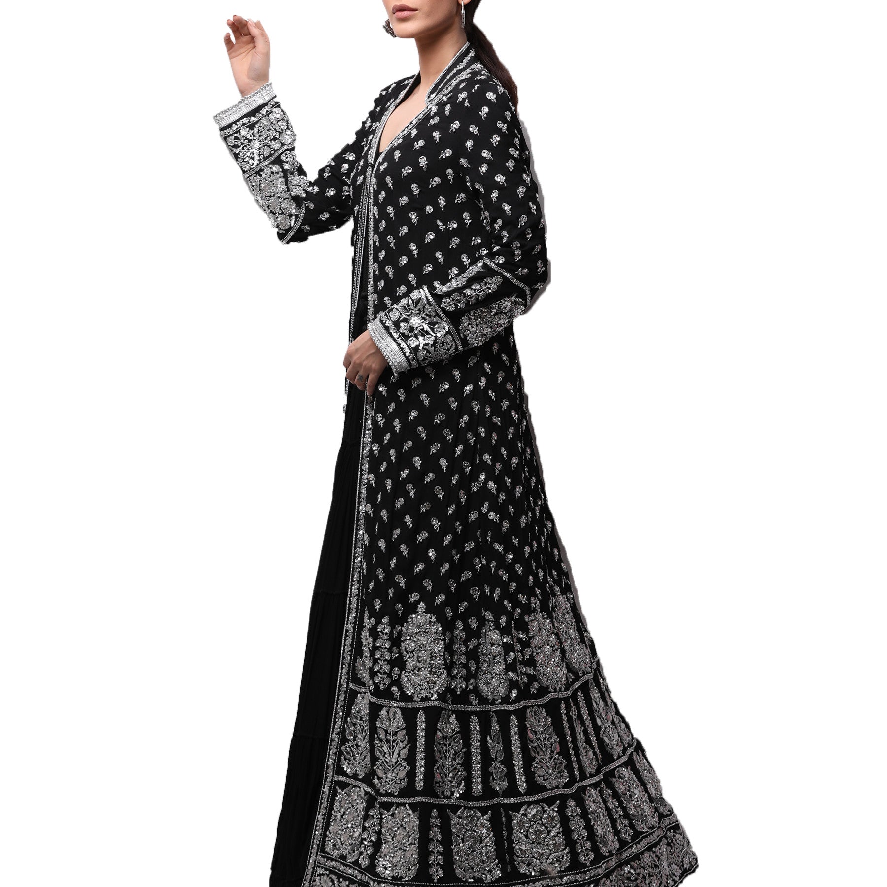 Black Cotton Georgette Long Coat - Rizwan Beyg Design