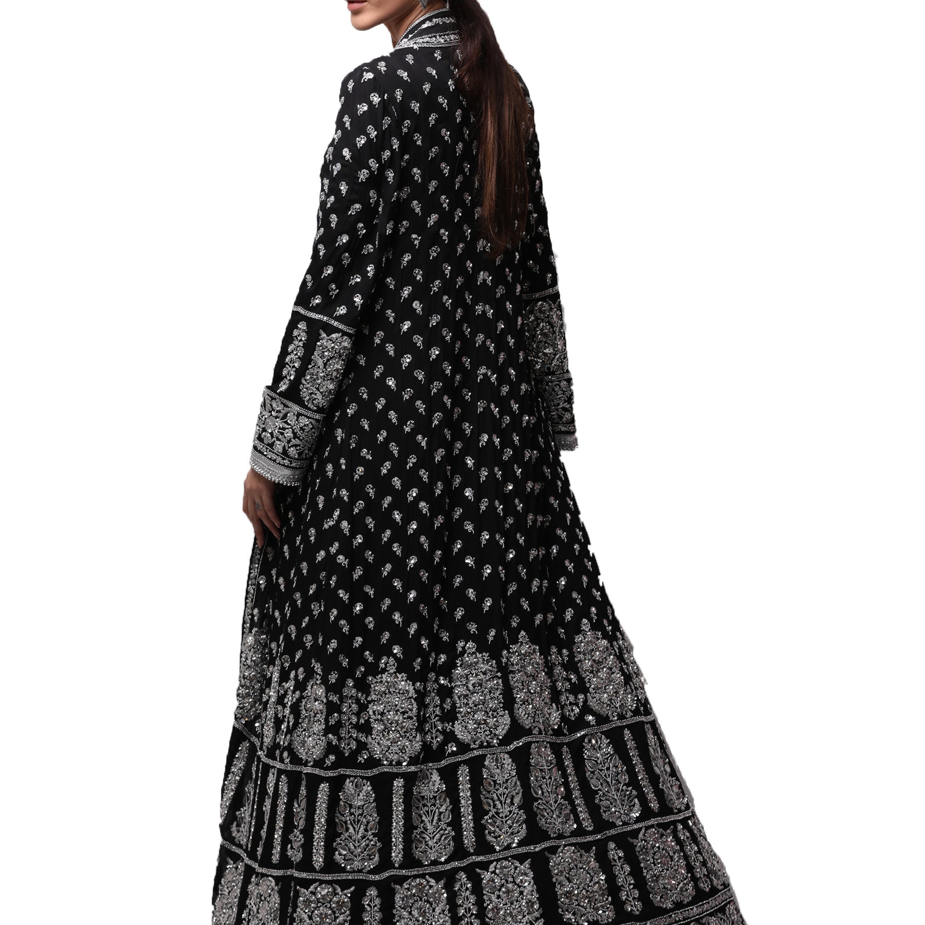 Black Cotton Georgette Long Coat - Rizwan Beyg Design