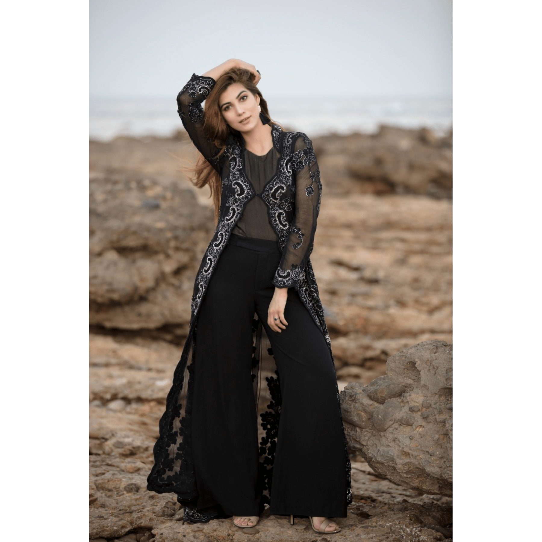 Black Front - Open Jacket French Applique - Rizwan Beyg Design