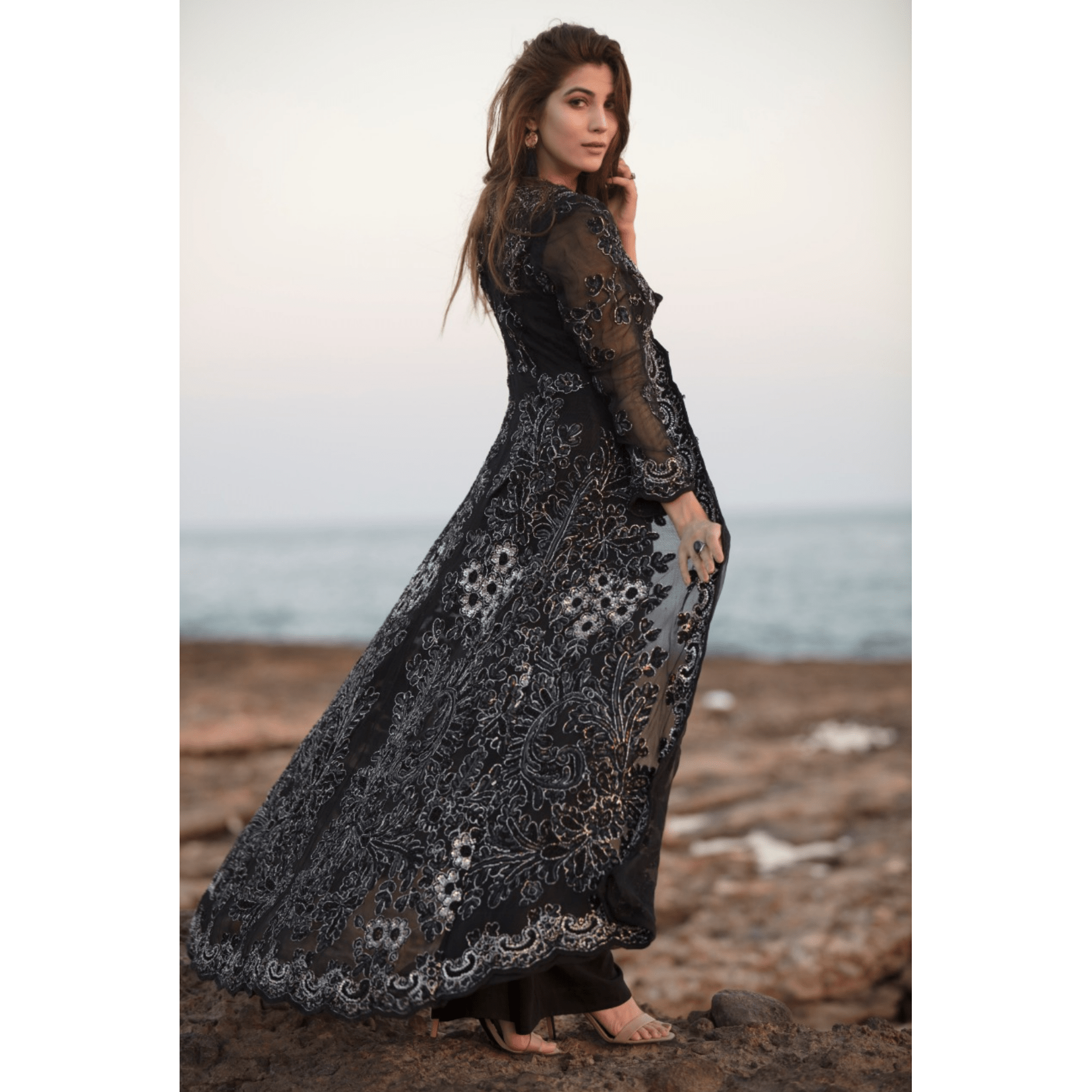 Black Front - Open Jacket French Applique - Rizwan Beyg Design