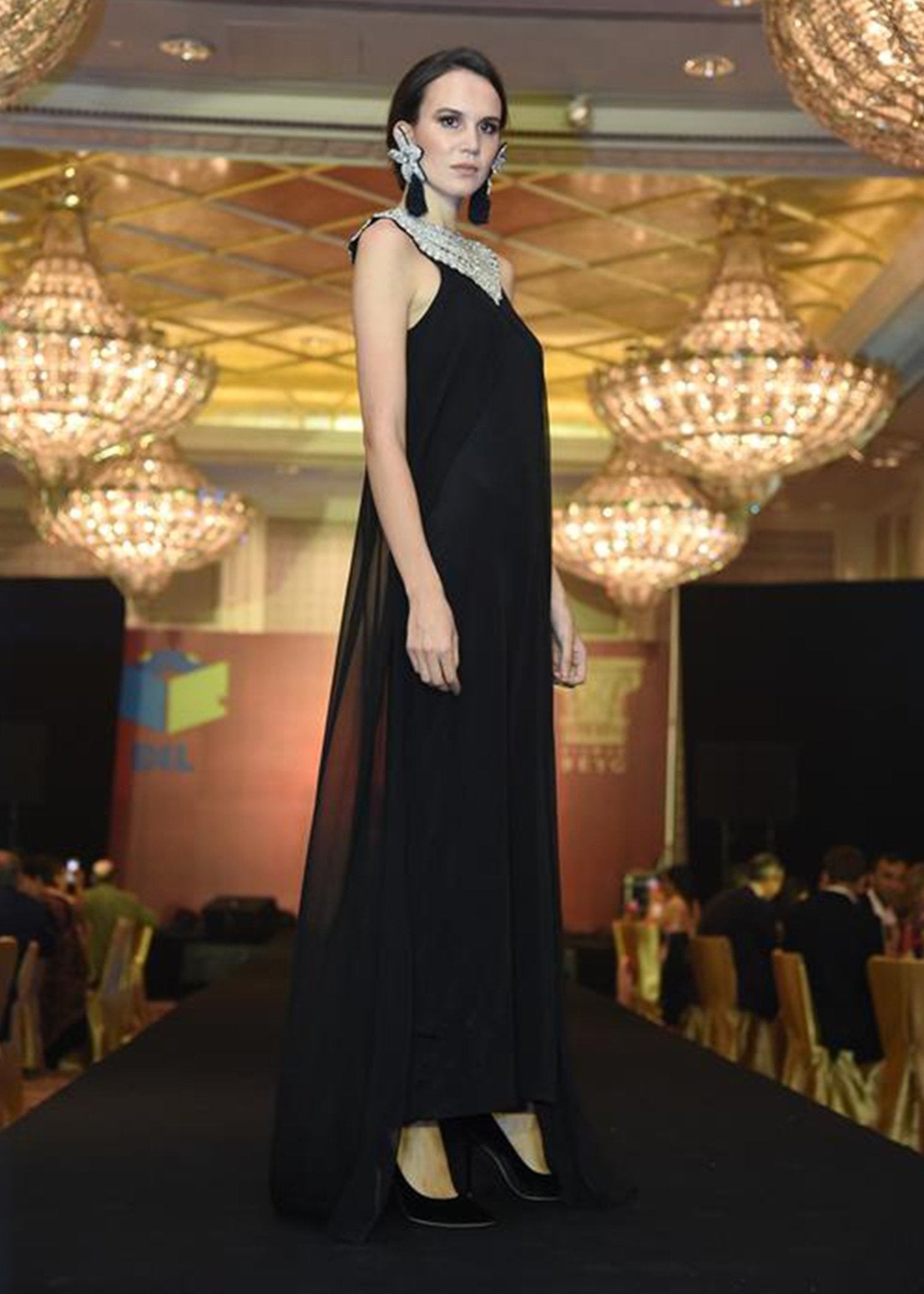 Black Long Dress Work On Neck - Rizwan Beyg Design