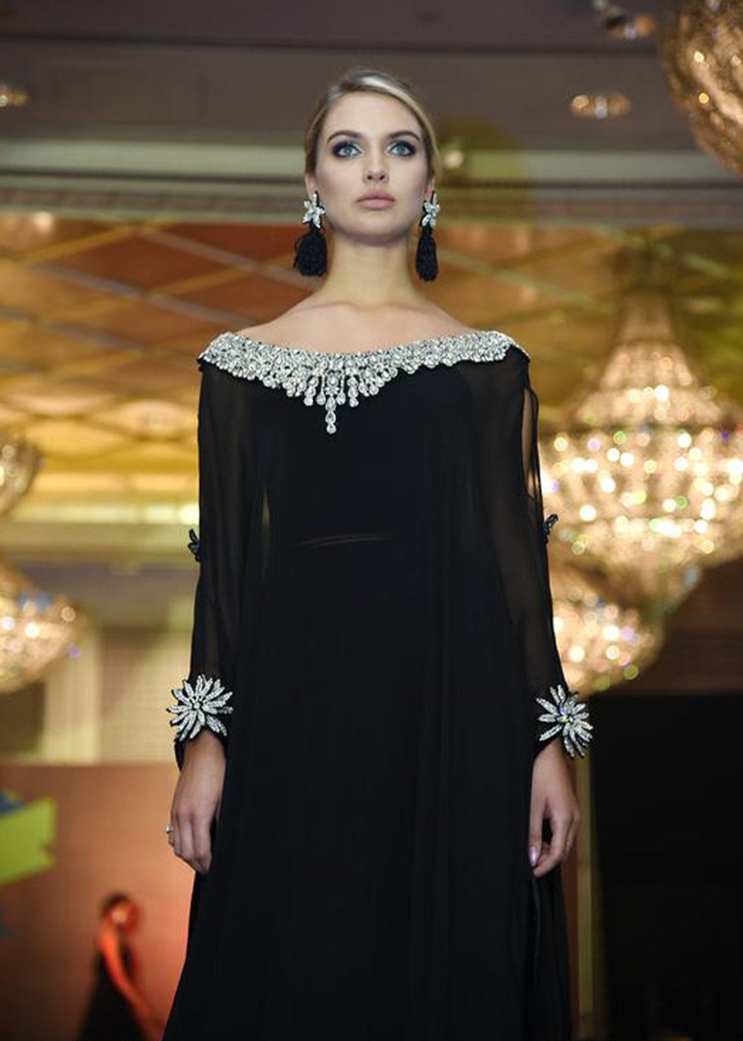 Black Poncho With Silver Diamante Neck - Rizwan Beyg Design