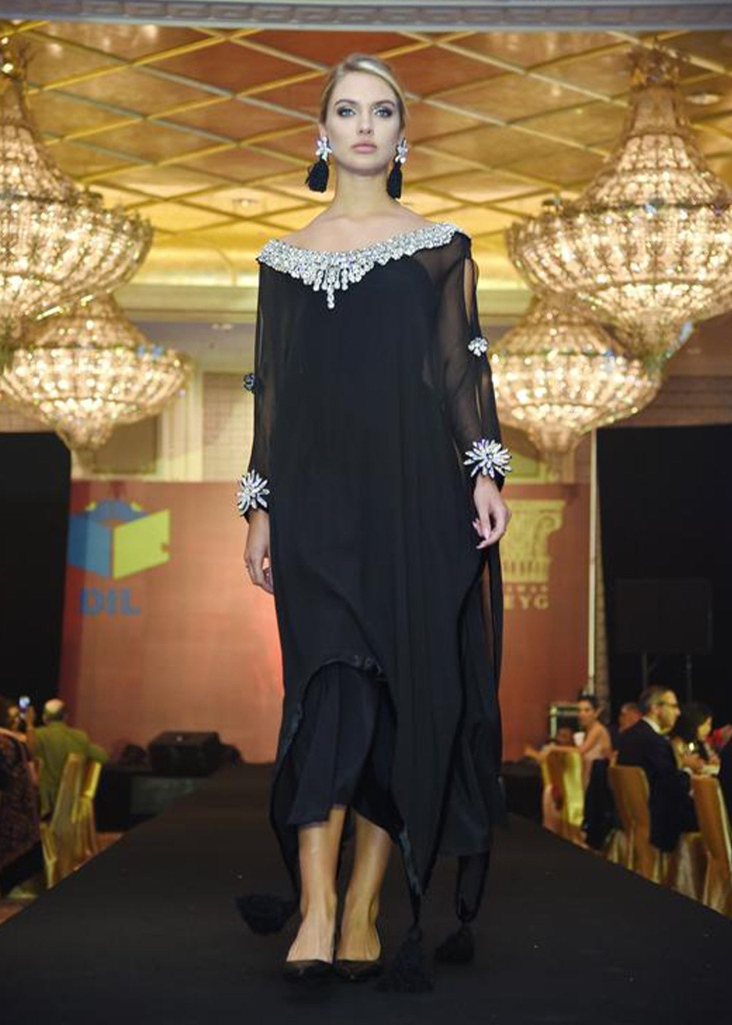 Black Poncho With Silver Diamante Neck - Rizwan Beyg Design