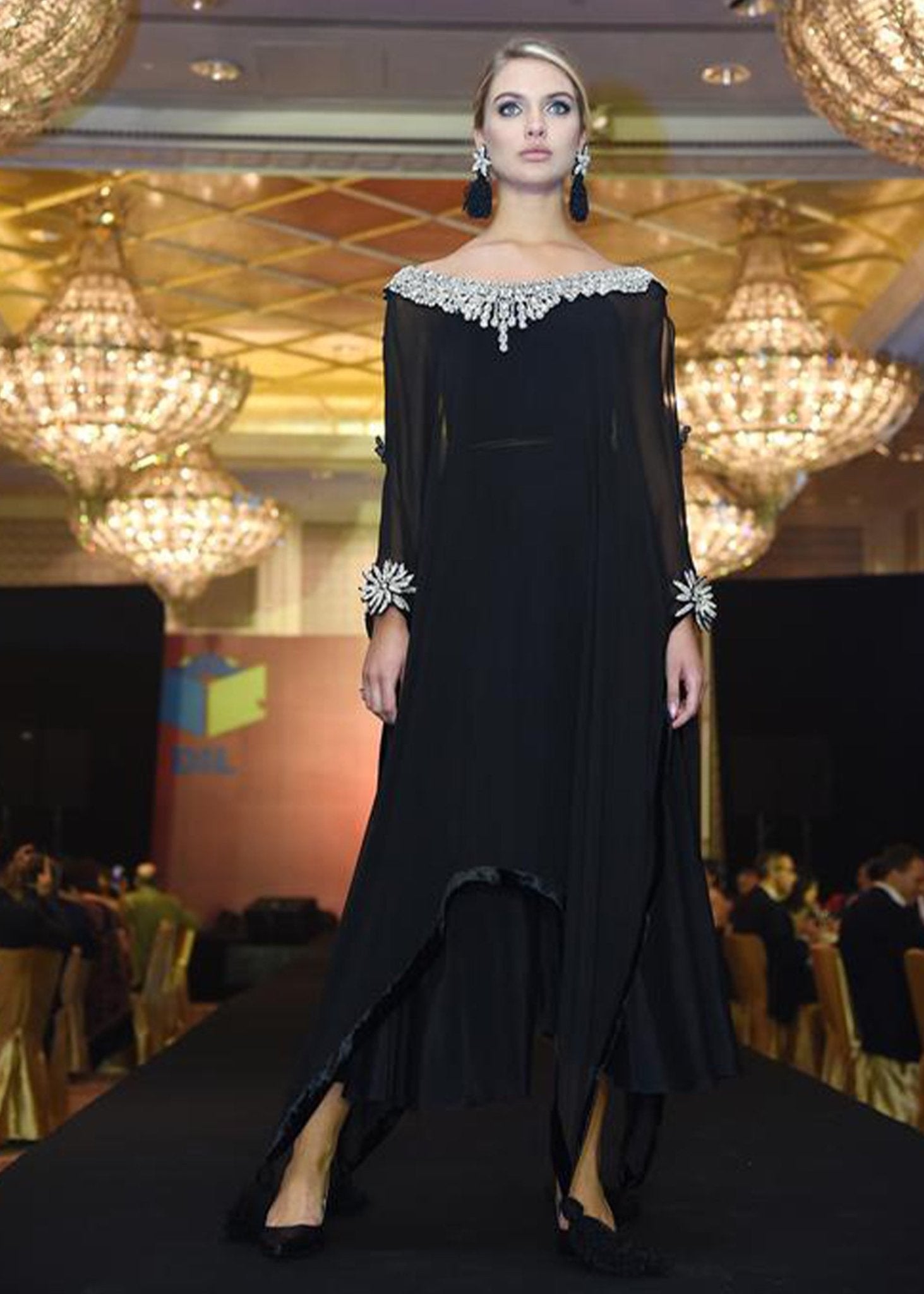 Black Poncho With Silver Diamante Neck - Rizwan Beyg Design