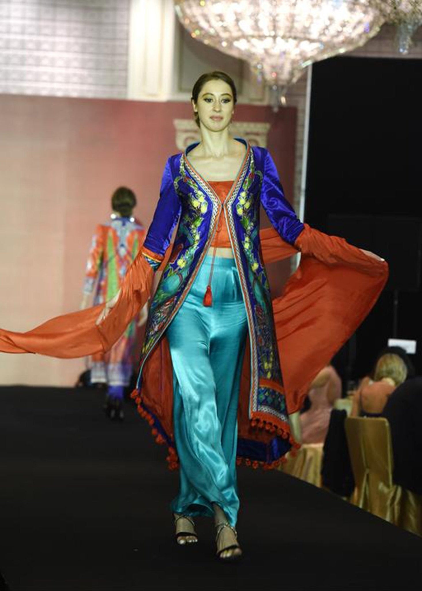 Blue Peacock Printed Long Coat - Rizwan Beyg Design