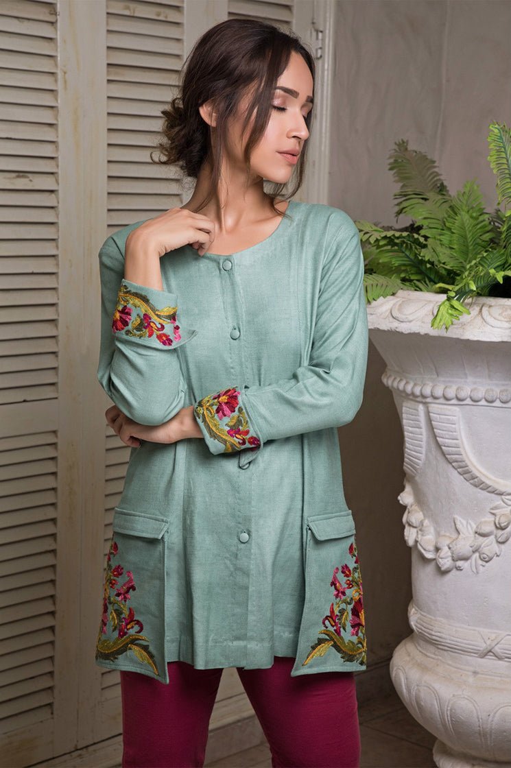 Casual Jacket with Embroidered Pockets and Sleeves - Rizwan Beyg Design