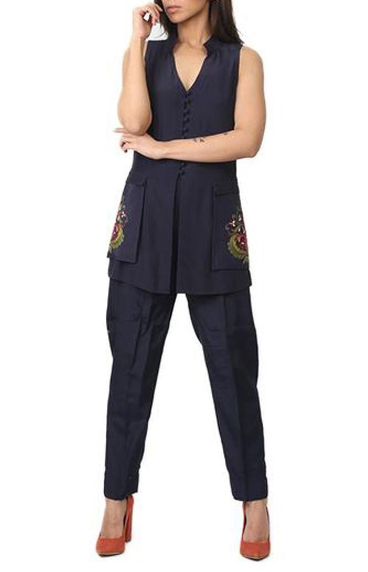 Casual Jacket with Embroidered Pockets and Sleeves(Blue) - Rizwan Beyg Design