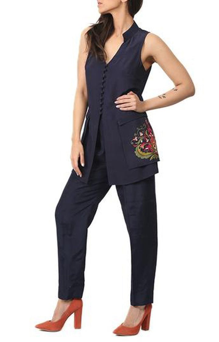 Casual Jacket with Embroidered Pockets and Sleeves(Blue) - Rizwan Beyg Design