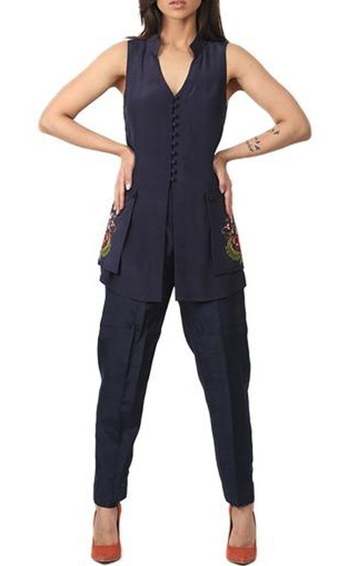 Casual Jacket with Embroidered Pockets and Sleeves(Blue) - Rizwan Beyg Design