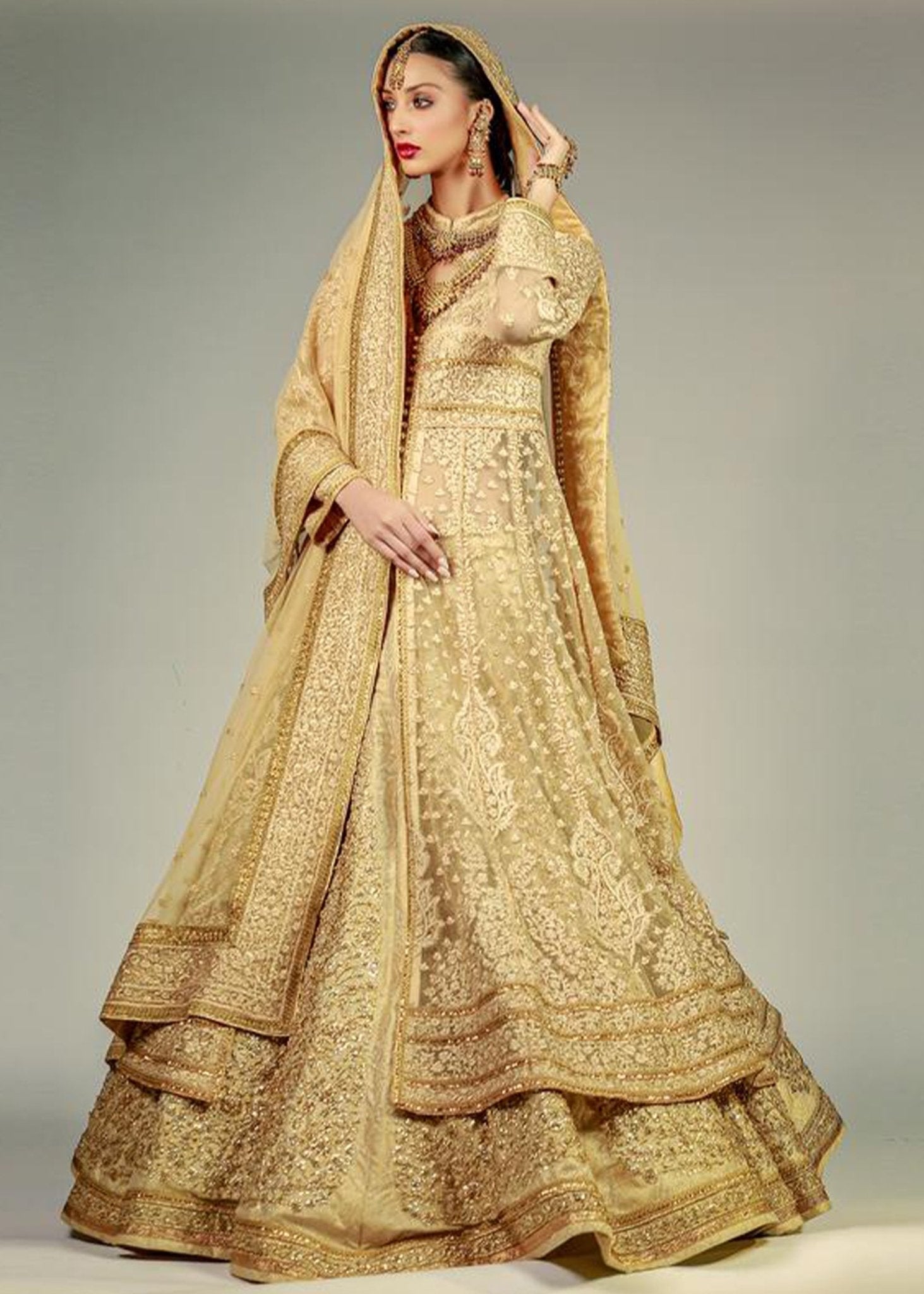 Classic Gold Peshwas W/ Heavy Dupatta and Lehenga - Rizwan Beyg Design