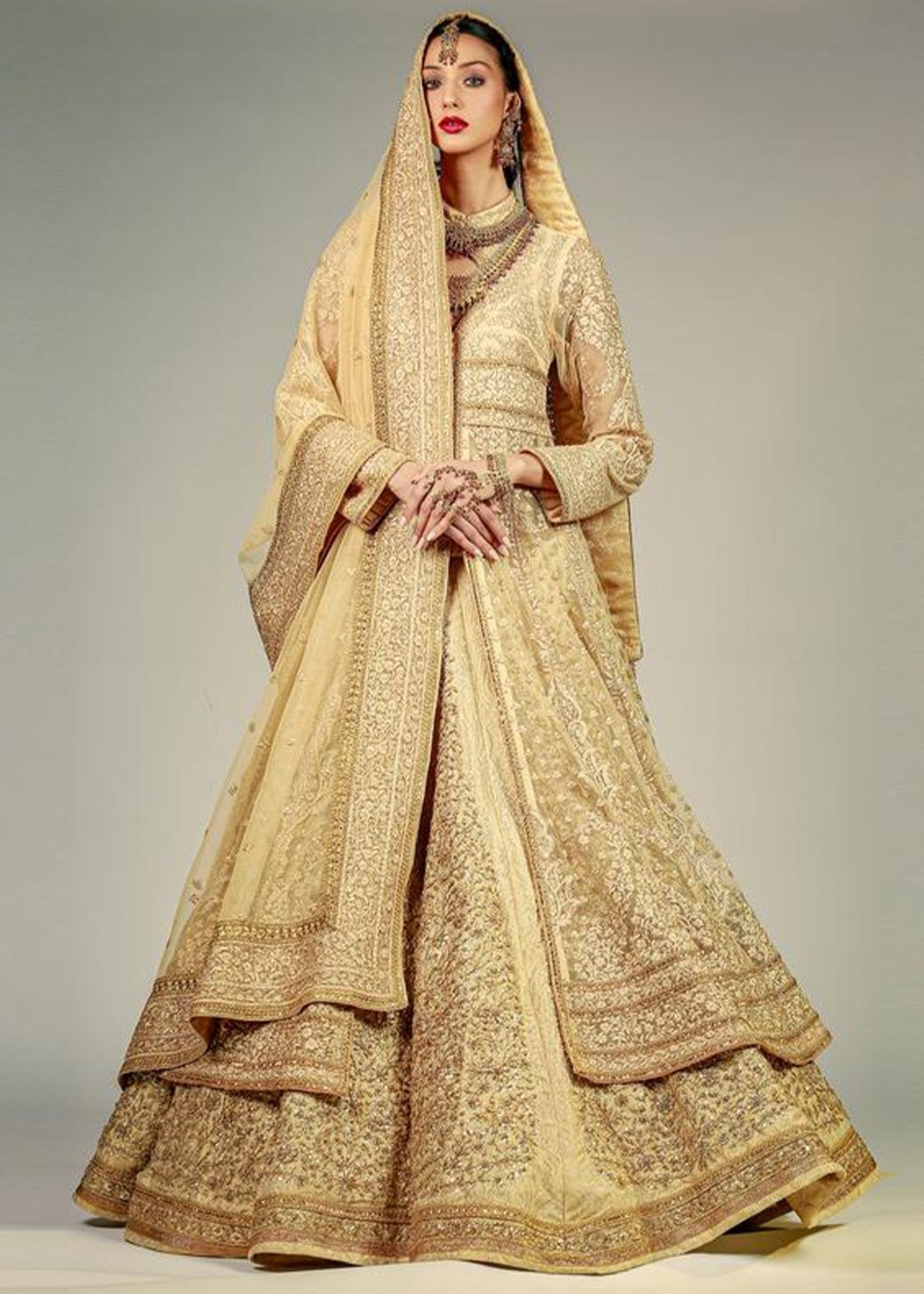 Classic Gold Peshwas W/ Heavy Dupatta and Lehenga - Rizwan Beyg Design