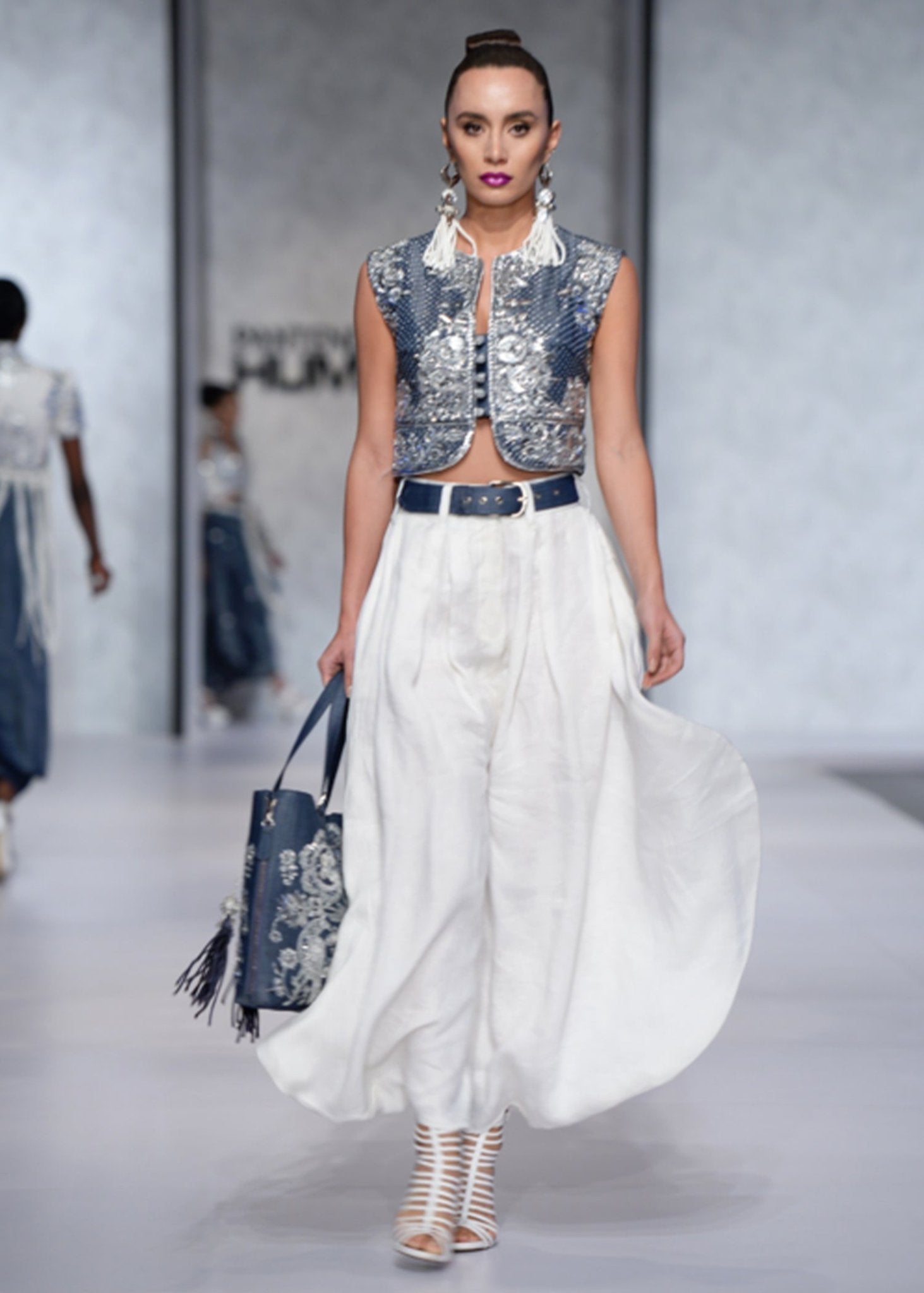 Crop Top with Silver Embellishments and Layered Trouser Skirt - Rizwan Beyg Design