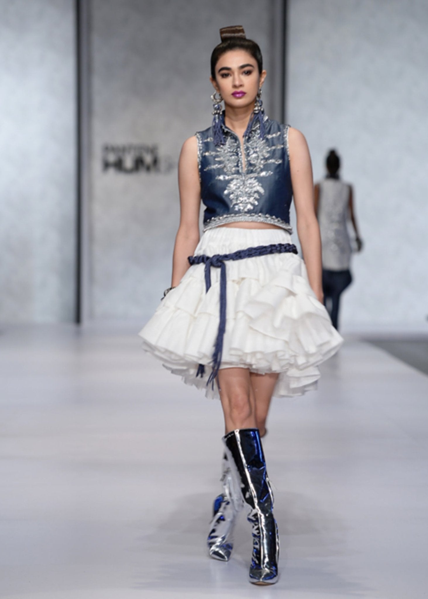 Crop Top with Silver Work and Tulle Skirt - Rizwan Beyg Design