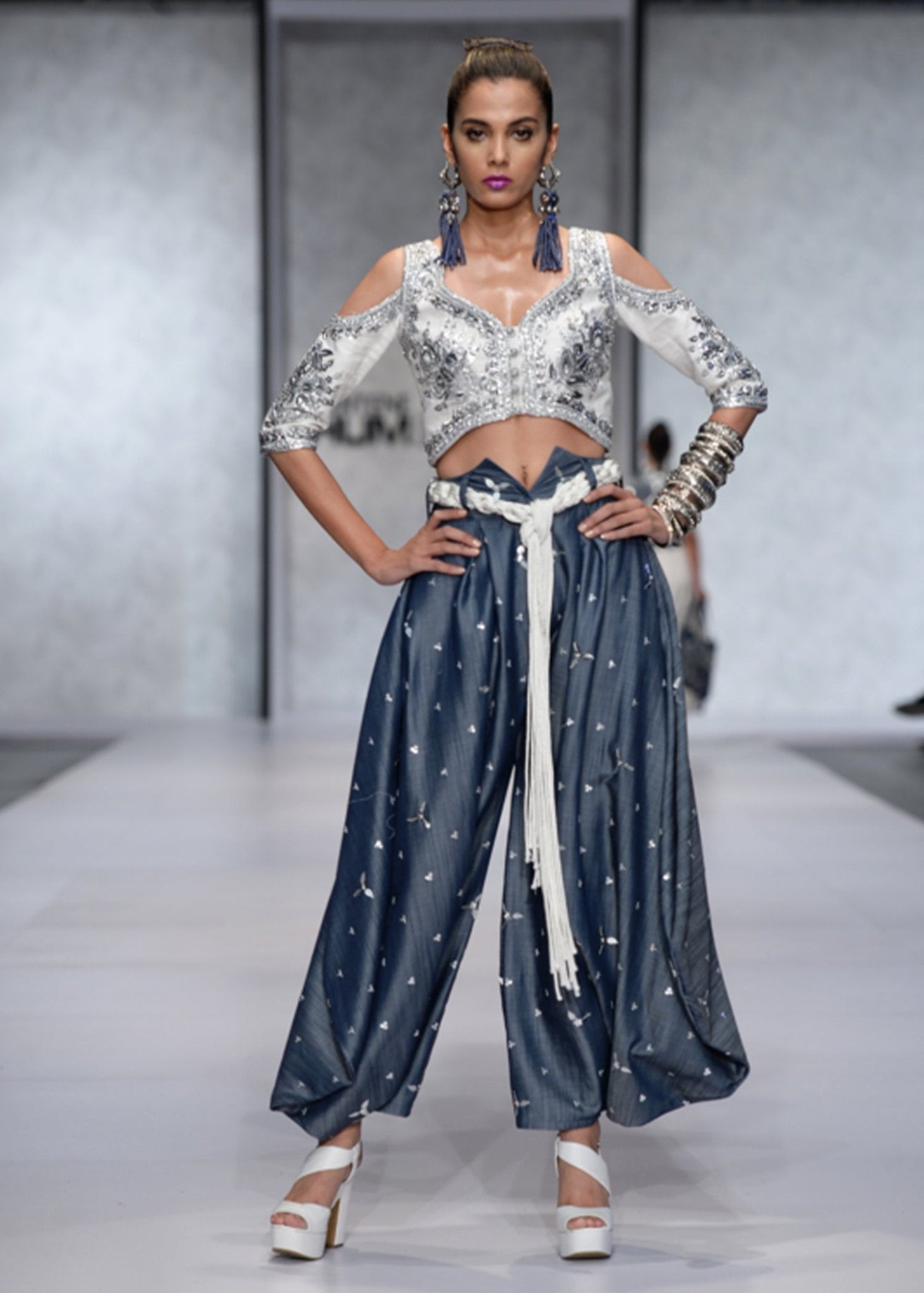 Cut - Shoulder Crop Top with Harem Pants - Rizwan Beyg Design