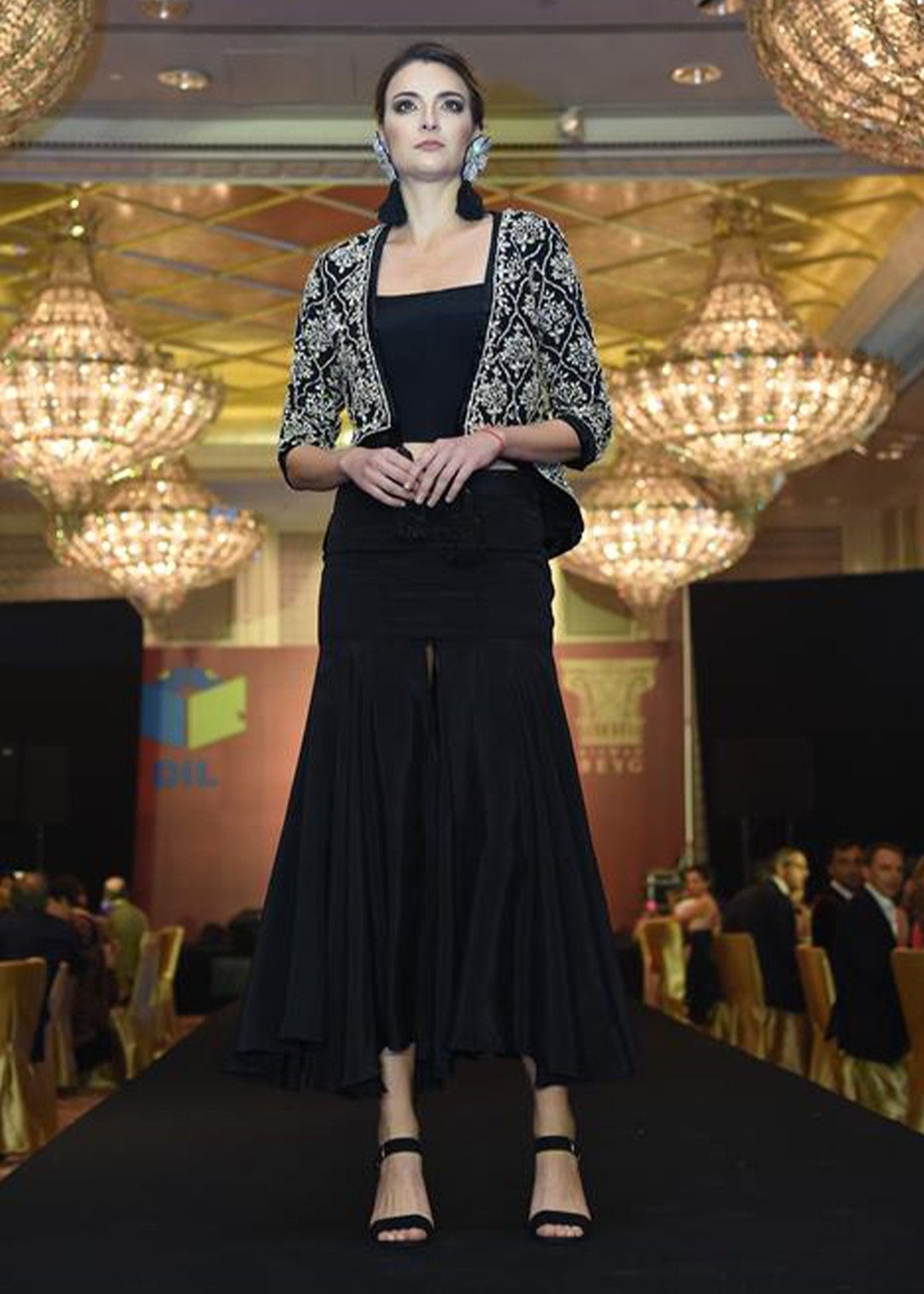 Diamantè encrusted Black Crop - top Velvet Jacket - Rizwan Beyg Design