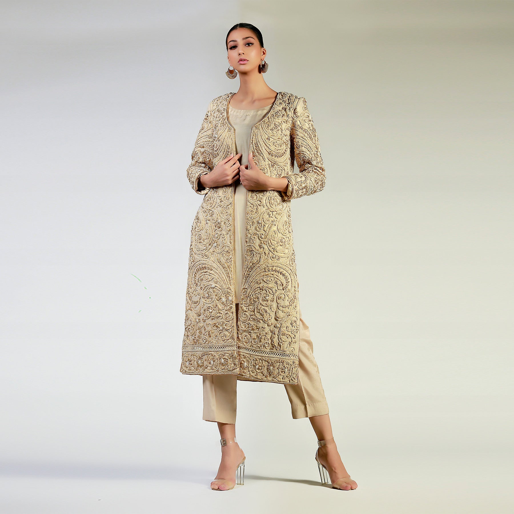 Dori Work & Pearl Embellished Dull Gold Sublime Coat - Rizwan Beyg Design