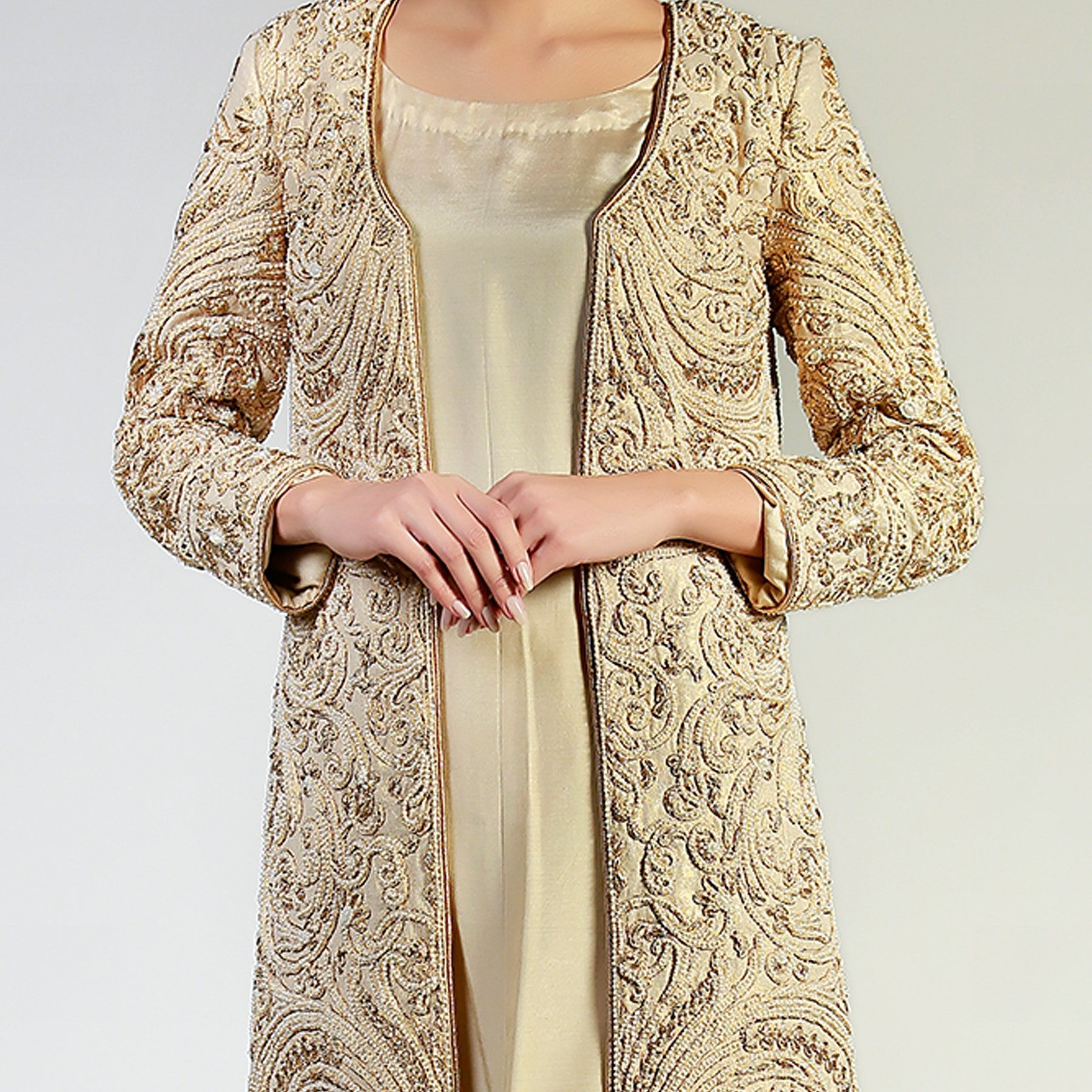 Dori Work & Pearl Embellished Dull Gold Sublime Coat - Rizwan Beyg Design