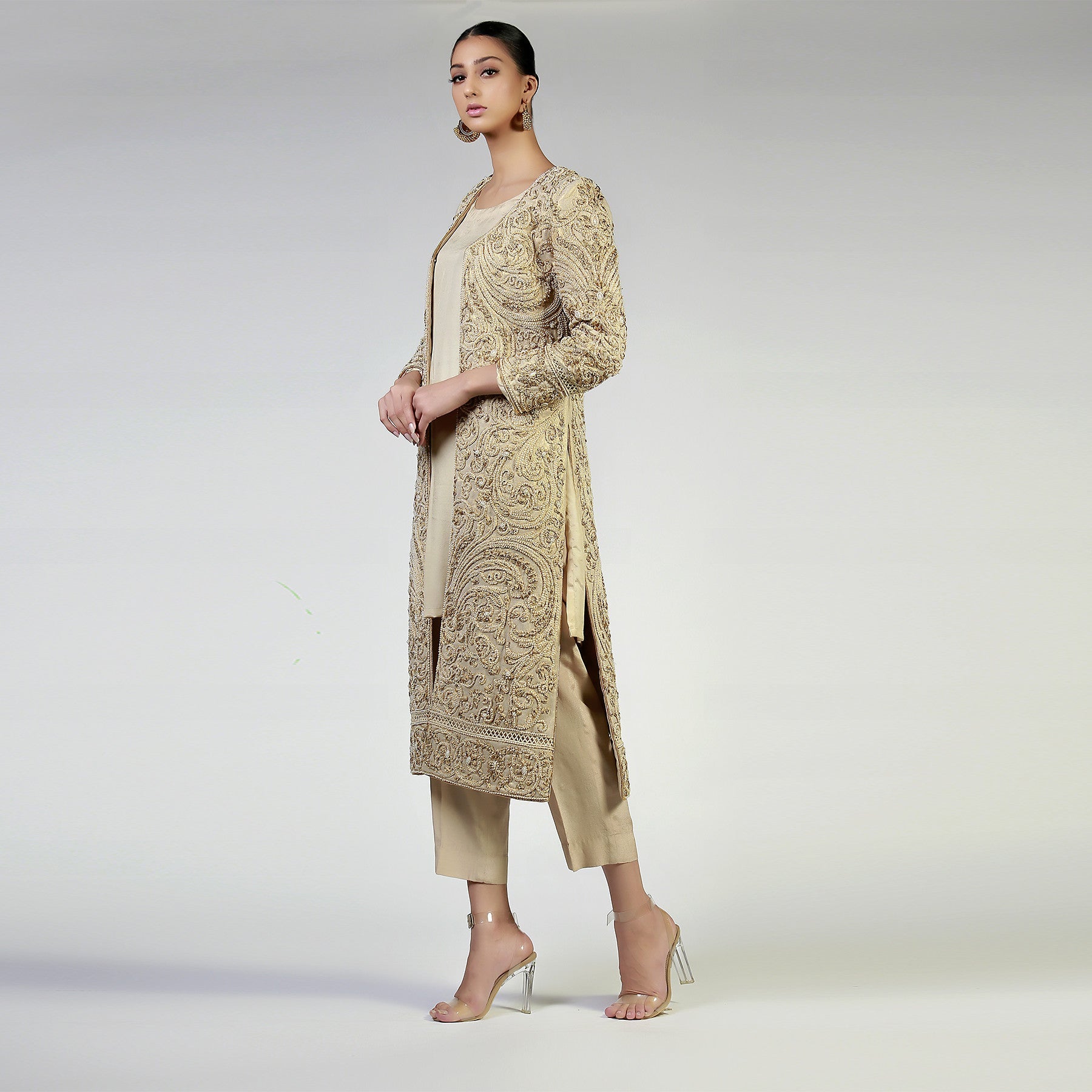 Dori Work & Pearl Embellished Dull Gold Sublime Coat - Rizwan Beyg Design