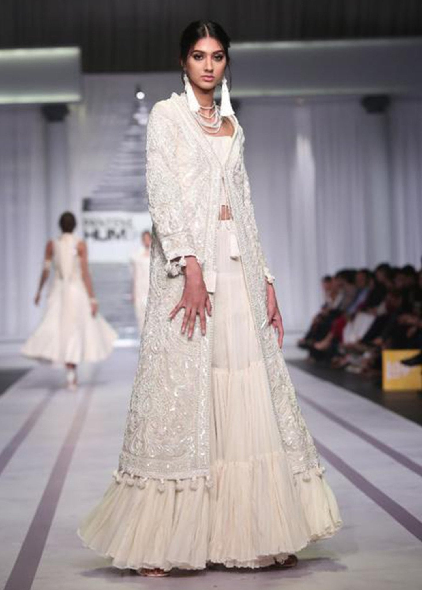 Embroidered Long Coat with Bustier and Layered Skirt - Rizwan Beyg Design