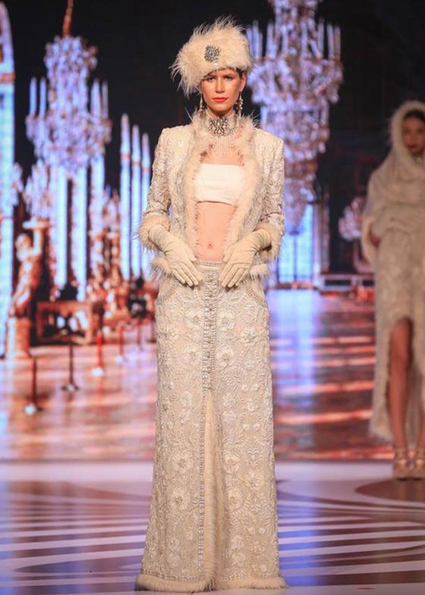 Faux Fur Trim Embroidered Jacket and Slit Skirt - Rizwan Beyg Design