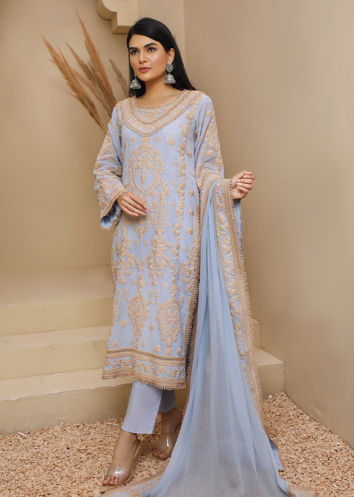 Floriale Beige Sky Blue - Rizwan Beyg Design