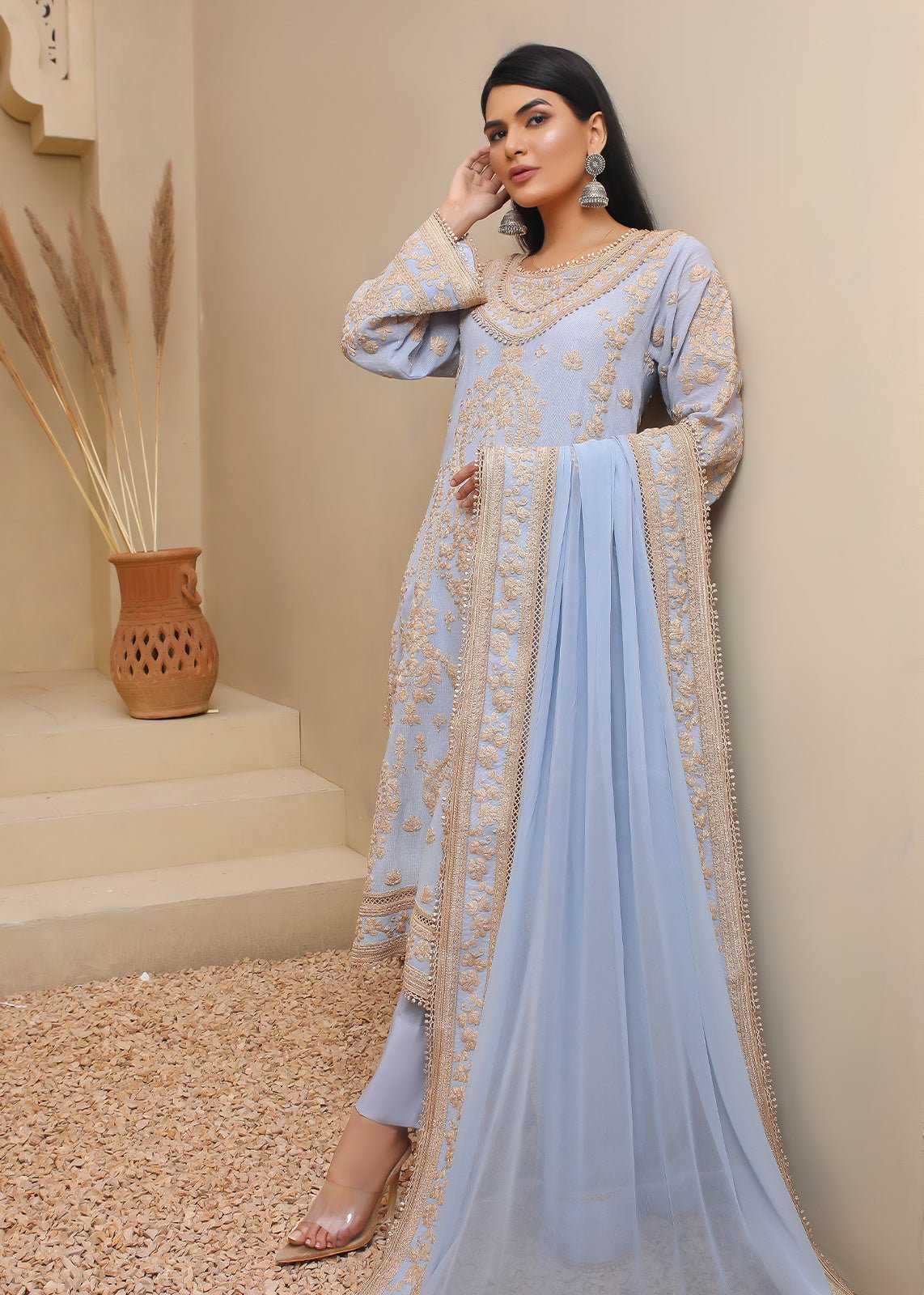 Floriale Beige Sky Blue - Rizwan Beyg Design