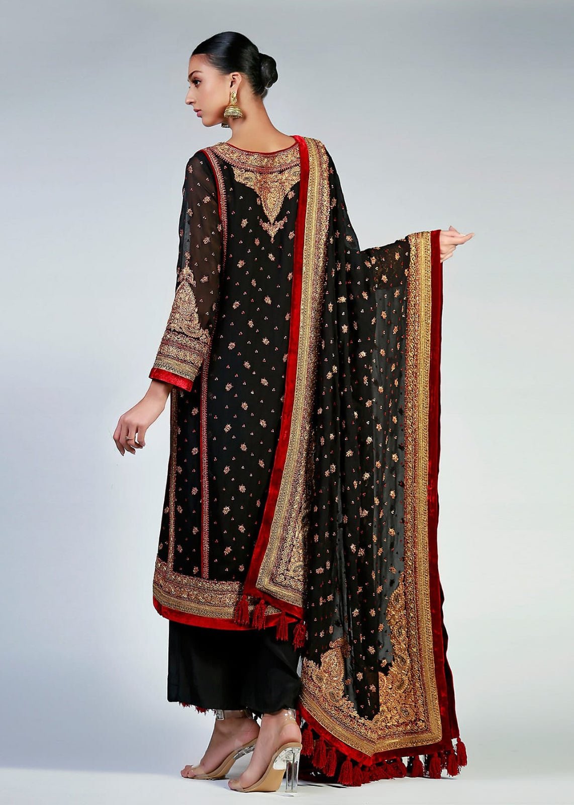 Gold Marori on Black Chiffon Kurta & Dupatta - Rizwan Beyg Design