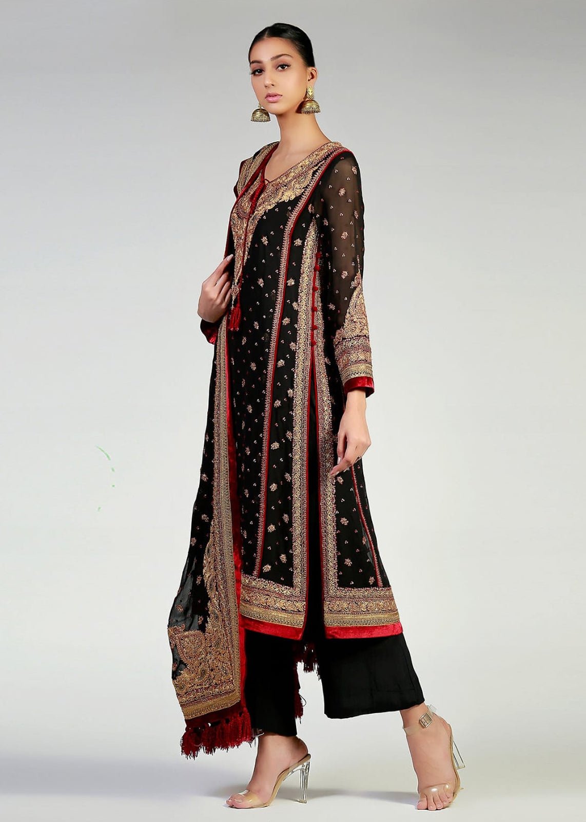 Gold Marori on Black Chiffon Kurta & Dupatta - Rizwan Beyg Design