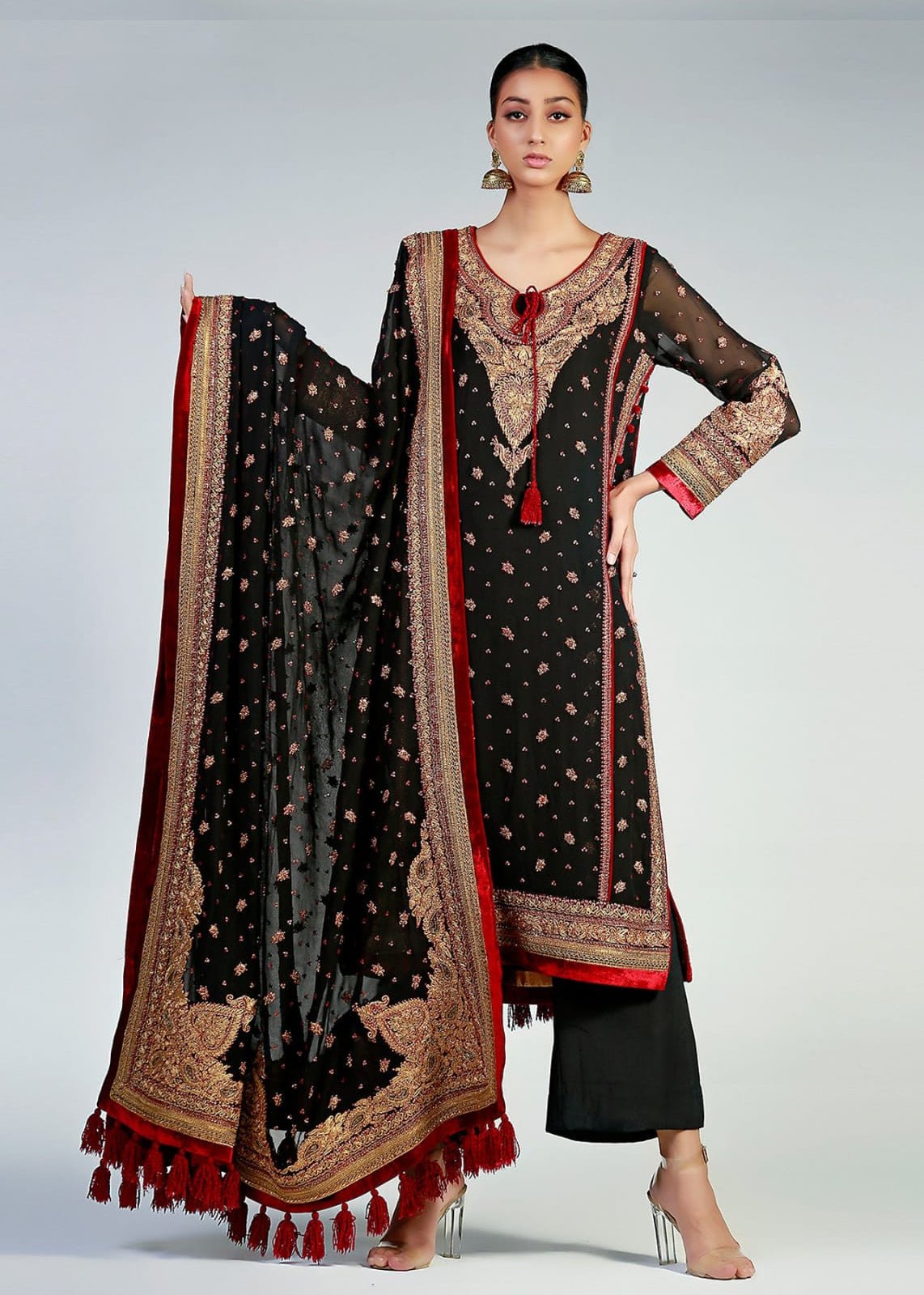 Gold Marori on Black Chiffon Kurta & Dupatta - Rizwan Beyg Design