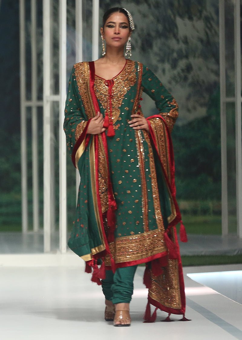 Gold Marori On Green Chiffon Kurta & Dupatta - Rizwan Beyg Design