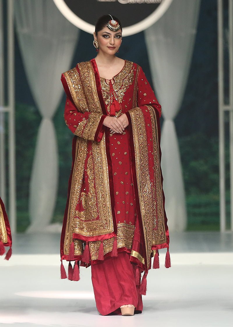 Gold Marori On Red Chiffon Kurta & Dupatta - Rizwan Beyg Design