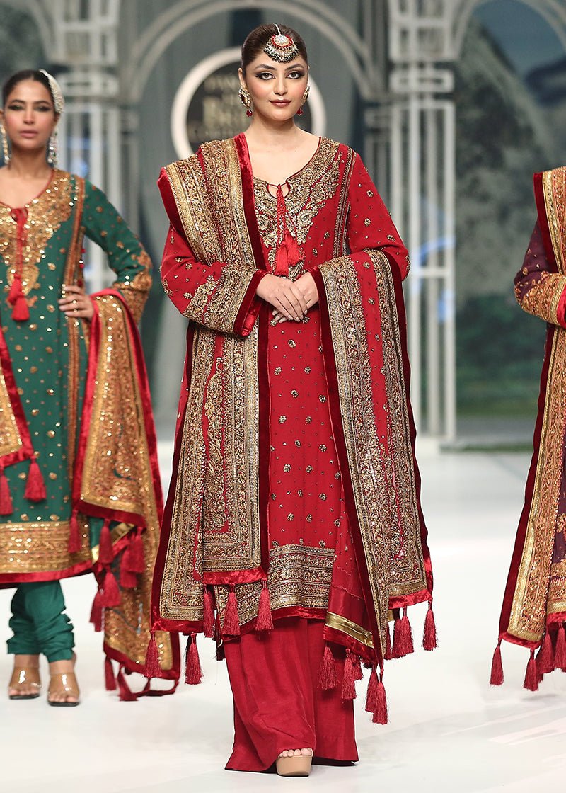 Gold Marori On Red Chiffon Kurta & Dupatta - Rizwan Beyg Design