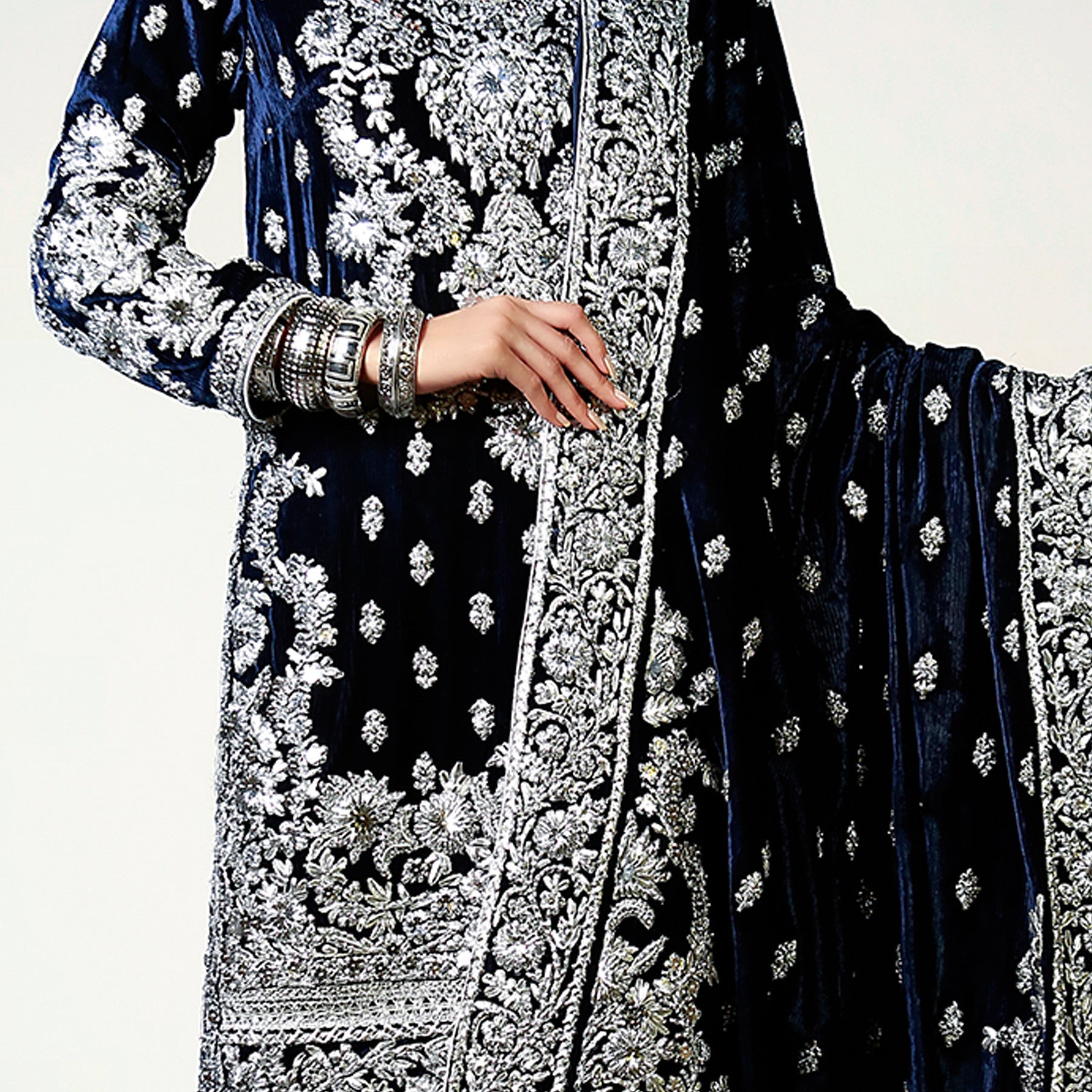 Gota Patti and Silver Ribbon work on Navy Blue Velvet Shirt & Shawl - Rizwan Beyg Design