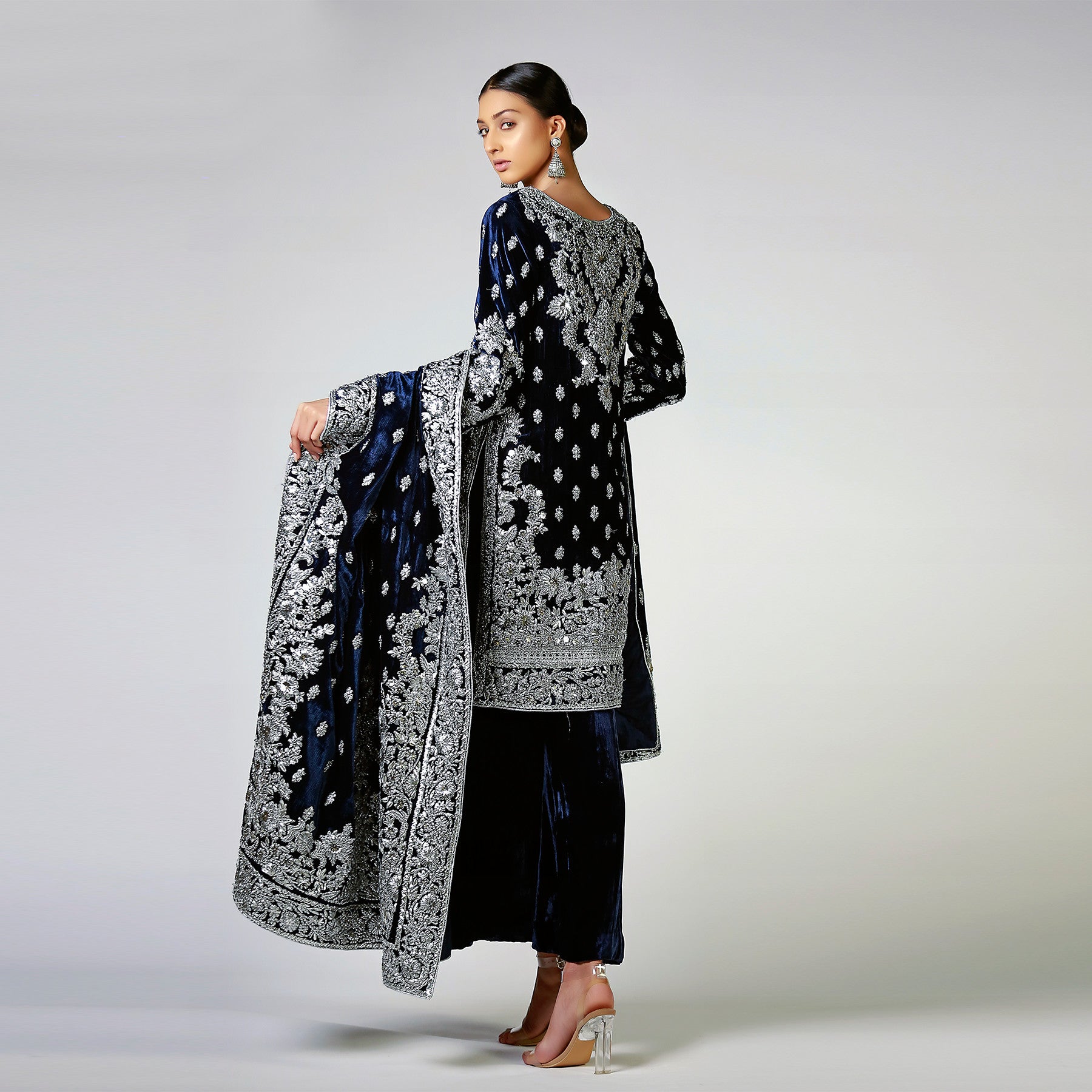 Gota Patti and Silver Ribbon work on Navy Blue Velvet Shirt & Shawl - Rizwan Beyg Design