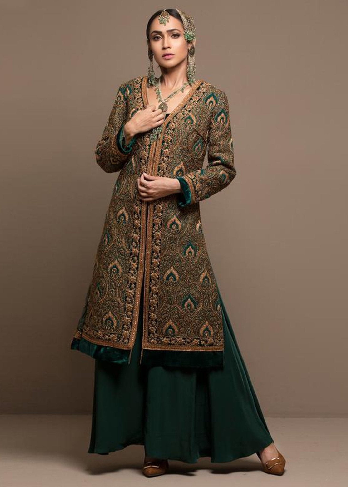 Green Velvet Naqshee Coat with Izaar - Rizwan Beyg Design