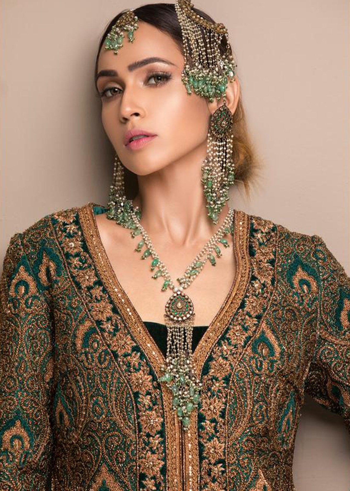 Green Velvet Naqshee Coat with Izaar - Rizwan Beyg Design