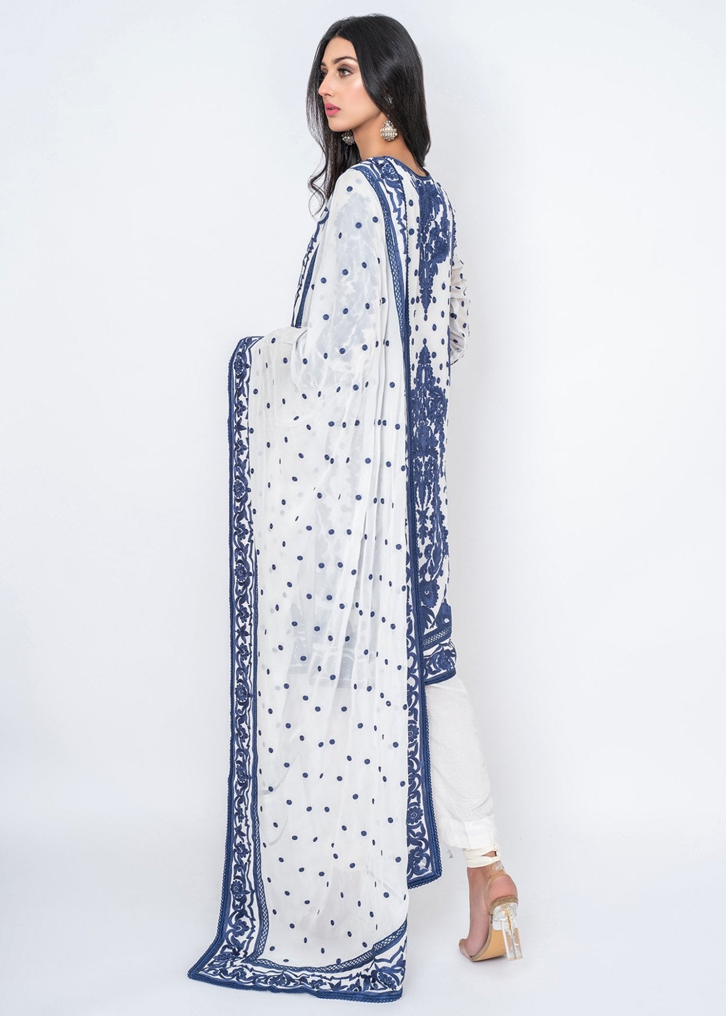 Ink Blue Silk Floss Embroidered Kali kurta & Dupatta - Rizwan Beyg Design