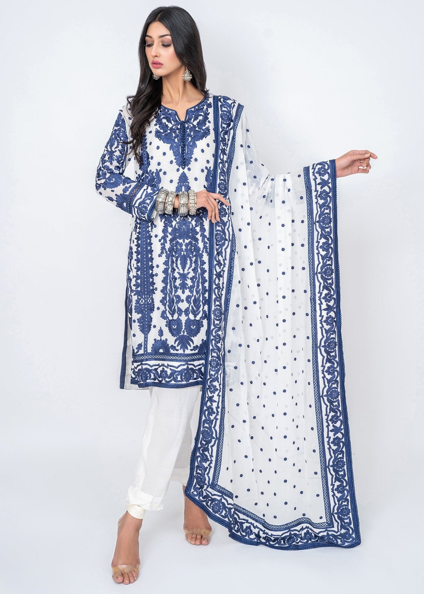 Ink Blue Silk Floss Embroidered Kali kurta & Dupatta - Rizwan Beyg Design