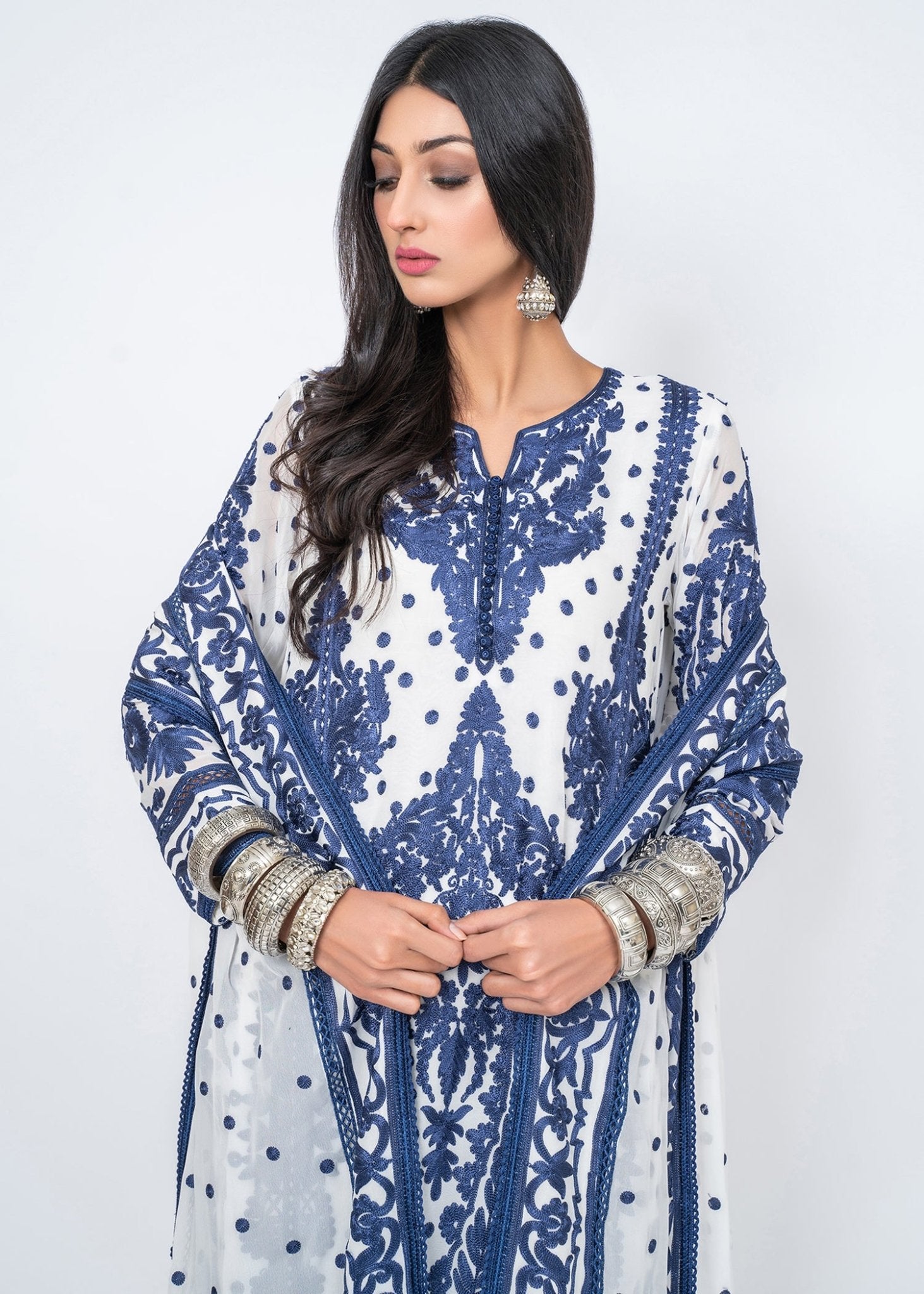 Ink Blue Silk Floss Embroidered Kali kurta & Dupatta - Rizwan Beyg Design