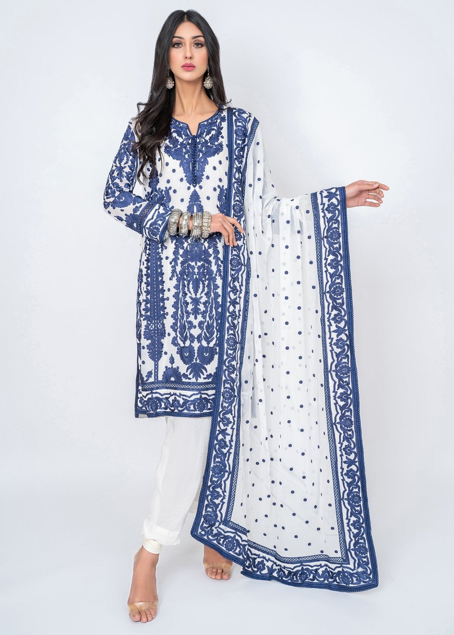 Ink Blue Silk Floss Embroidered Kali kurta & Dupatta - Rizwan Beyg Design