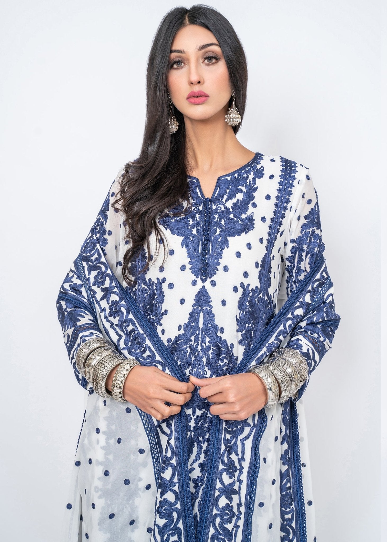 Ink Blue Silk Floss Embroidered Kali kurta & Dupatta - Rizwan Beyg Design