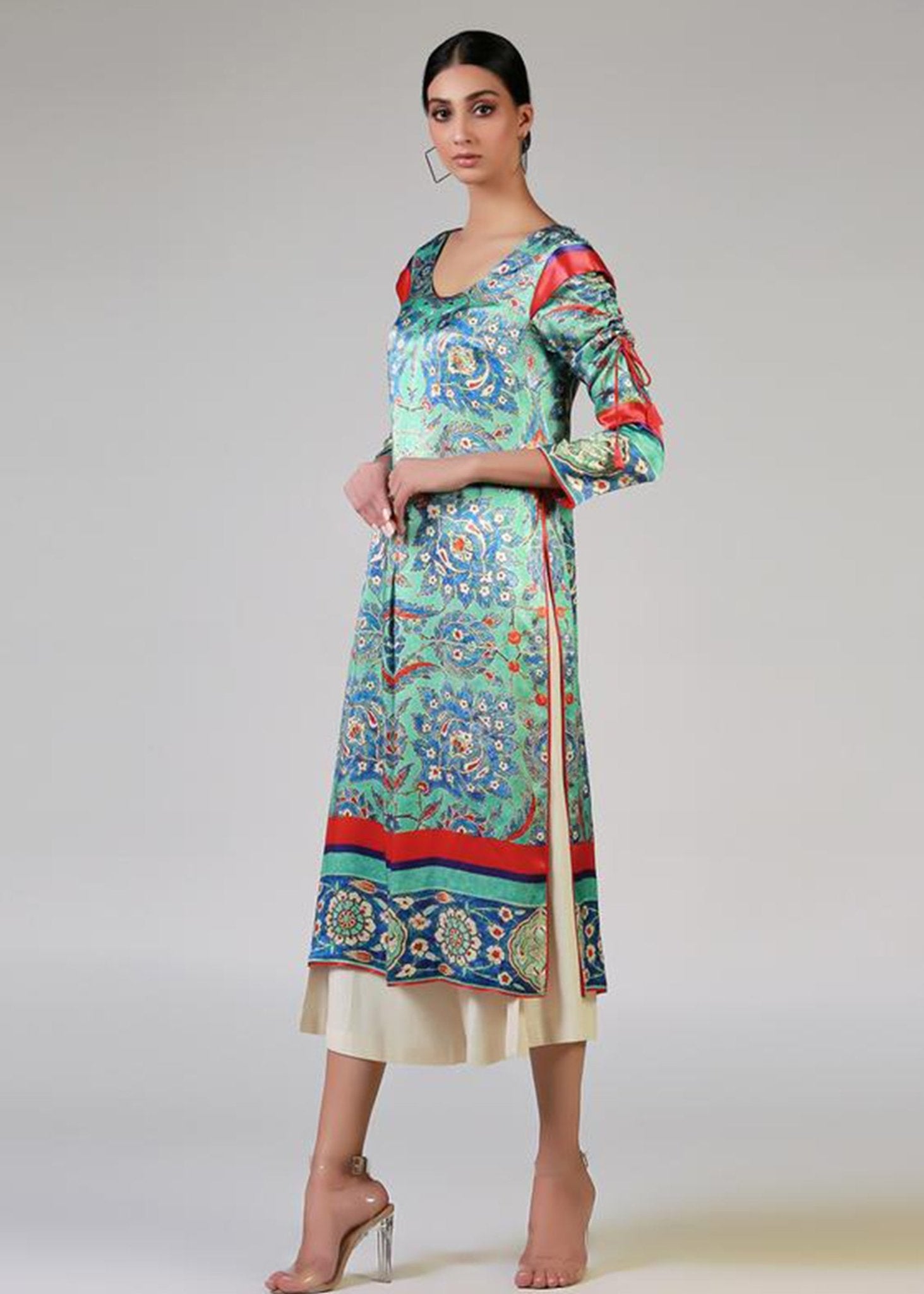 Long Print Shirt With Dori Sleeves - Rizwan Beyg Design