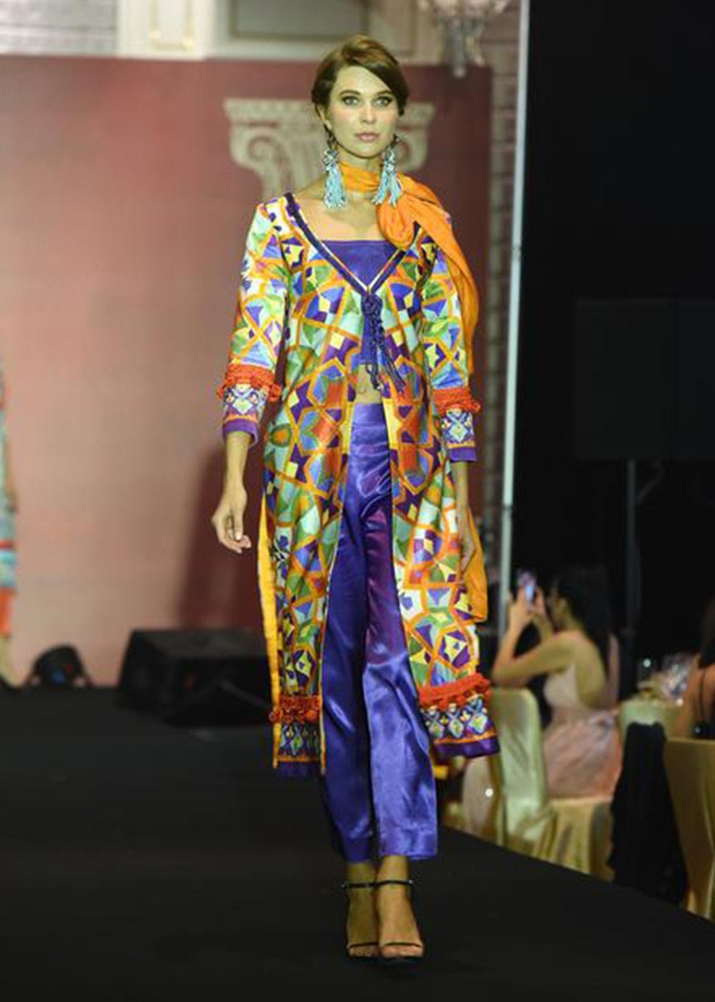 Long Printed Jacket With Blue Dori on Neck - Rizwan Beyg Design