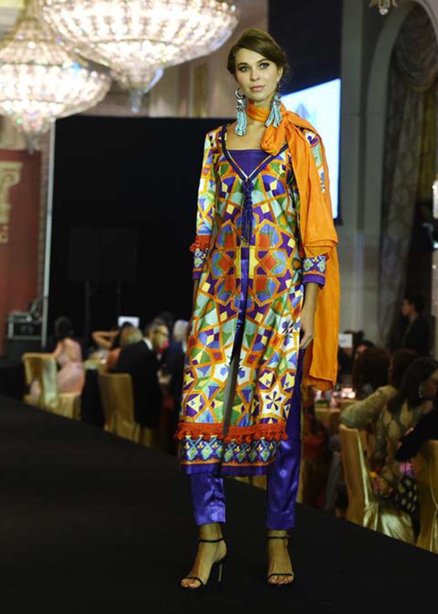 Long Printed Jacket With Blue Dori on Neck - Rizwan Beyg Design