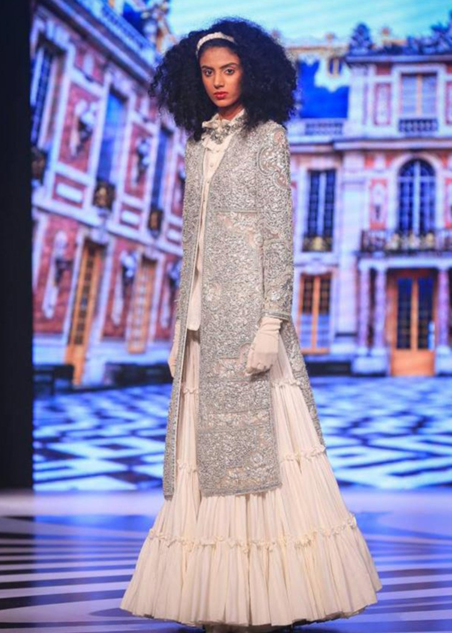 Long Sleeve Open Coat with Layered Skirt - Rizwan Beyg Design