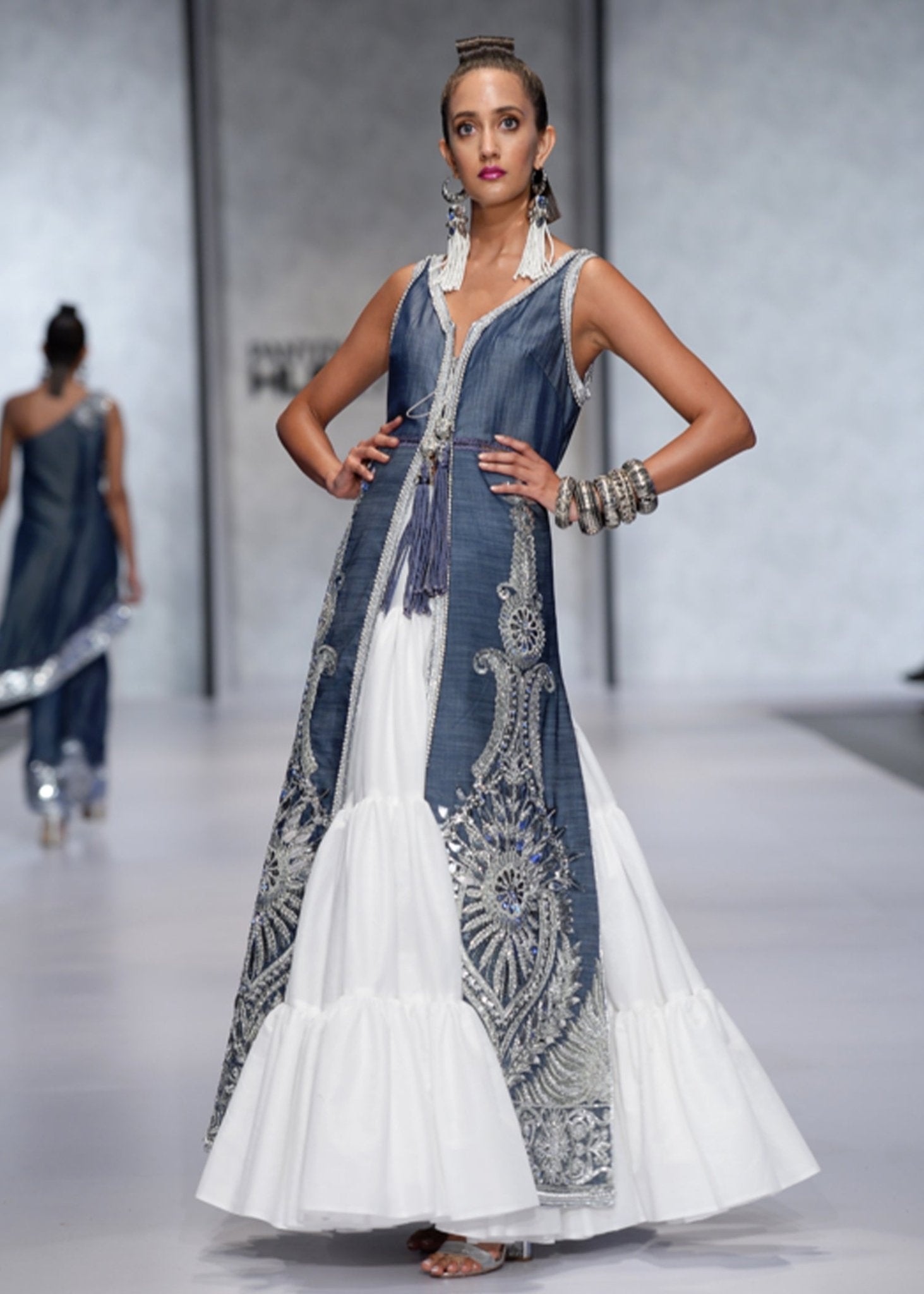 Long Sleeveless Coat with Layered Lehenga - Rizwan Beyg Design