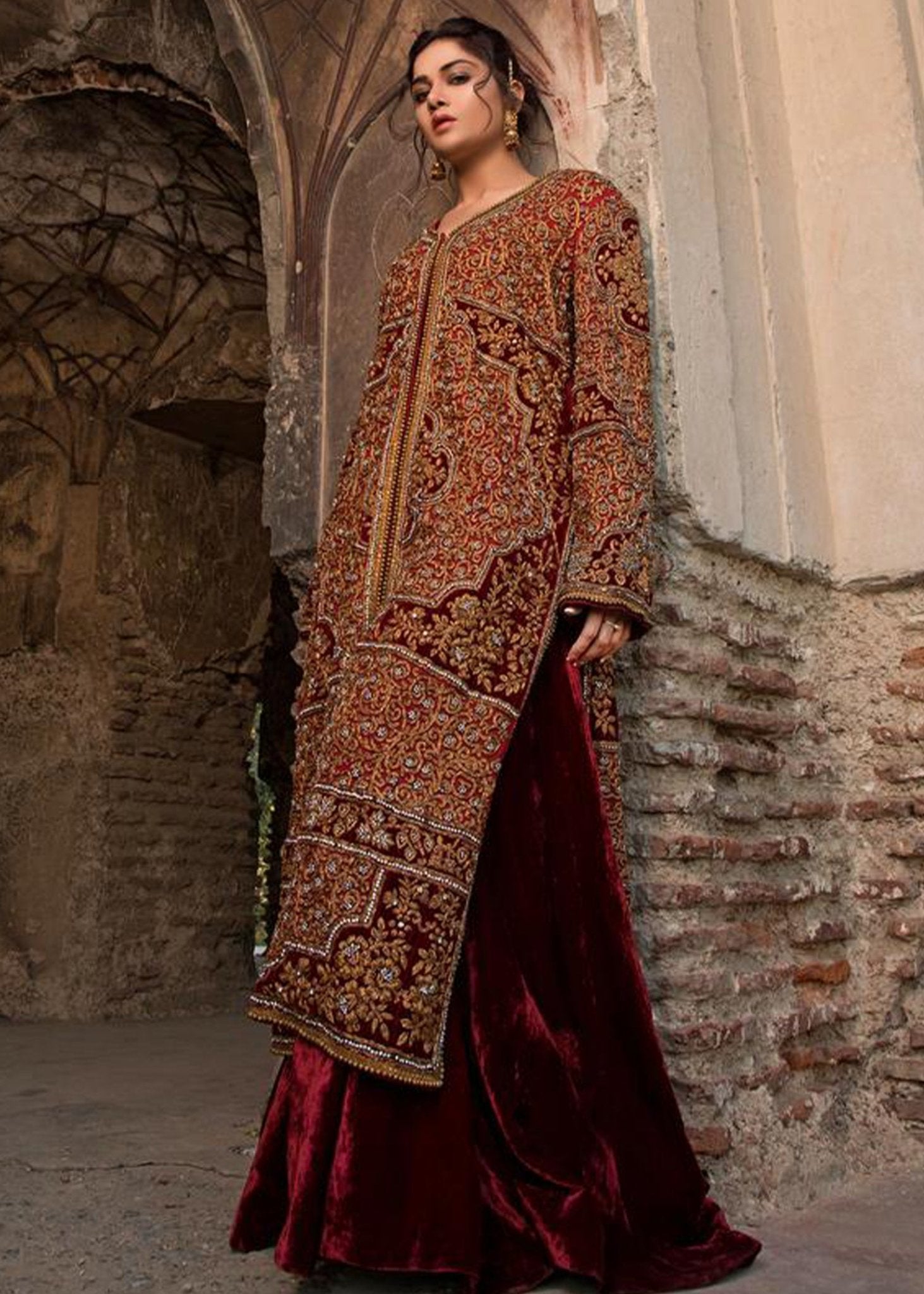 Maroon Velvet Long Coat with a Skirt - Rizwan Beyg Design