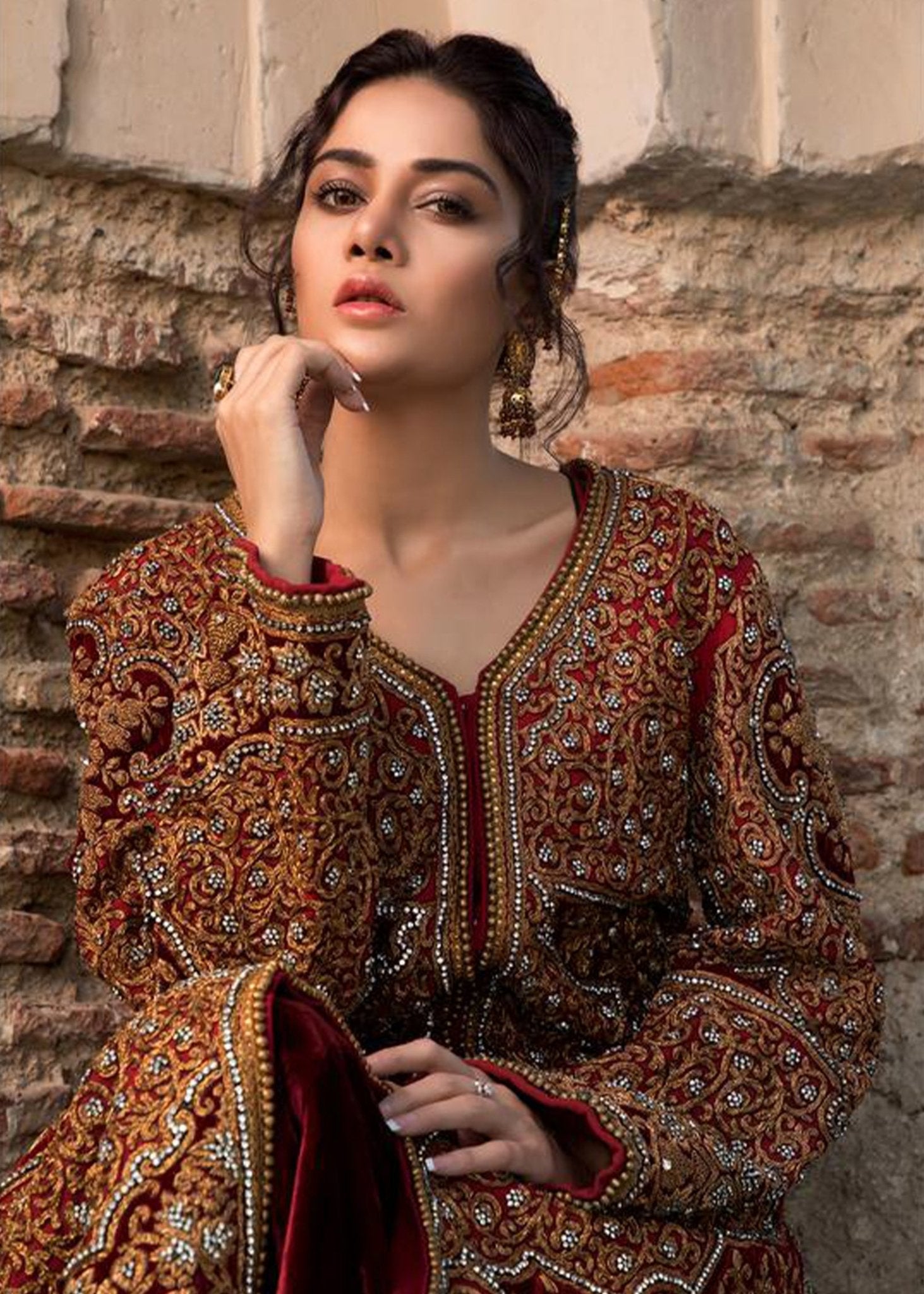 Maroon Velvet Long Coat with a Skirt - Rizwan Beyg Design