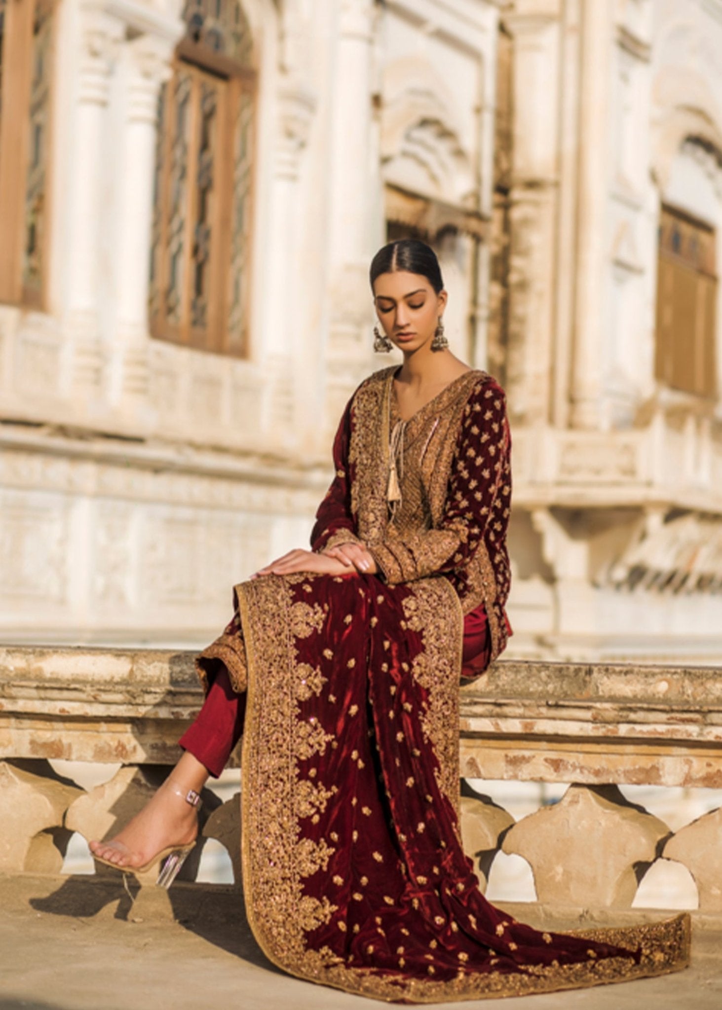 Marori Dori Embroidered Maroon Velvet Kali Kurta & Shawl - Rizwan Beyg Design